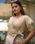 Beige Wrap Crop Top by THE MRCH MUSE