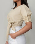 Beige Wrap Crop Top by THE MRCH MUSE