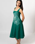 Emerald Bloom Embroidered Sleeveless Midi Dress by THE MRCH MUSE