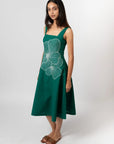 Emerald Bloom Embroidered Sleeveless Midi Dress by THE MRCH MUSE