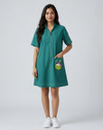 Teal Green Beaded Coconut Linen Shirt Dress by THE MRCH MUSE