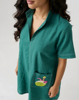 Teal Green Beaded Coconut Linen Shirt Dress by THE MRCH MUSE
