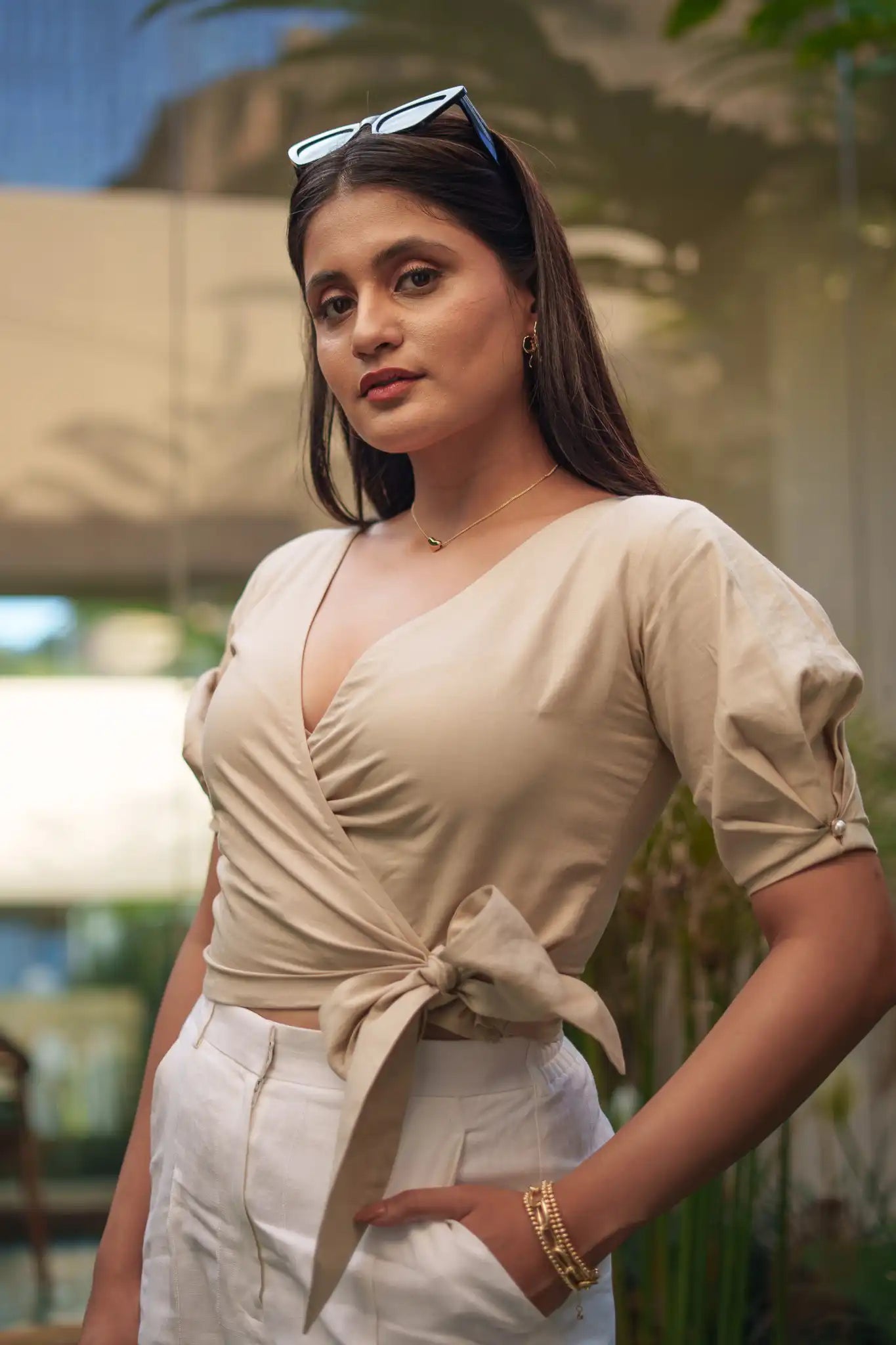 Beige Wrap Crop Top by THE MRCH MUSE
