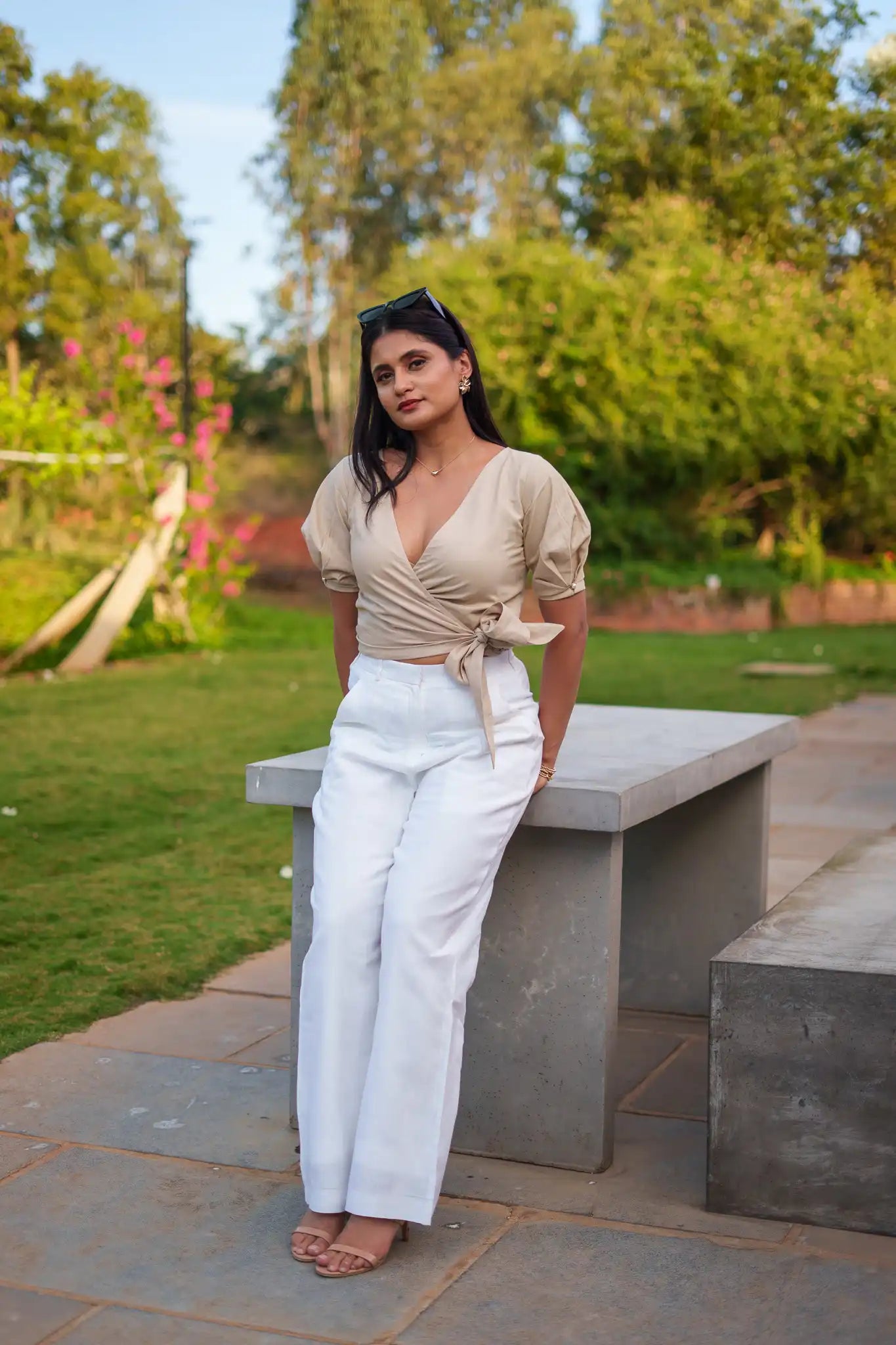 Beige Wrap Crop Top by THE MRCH MUSE