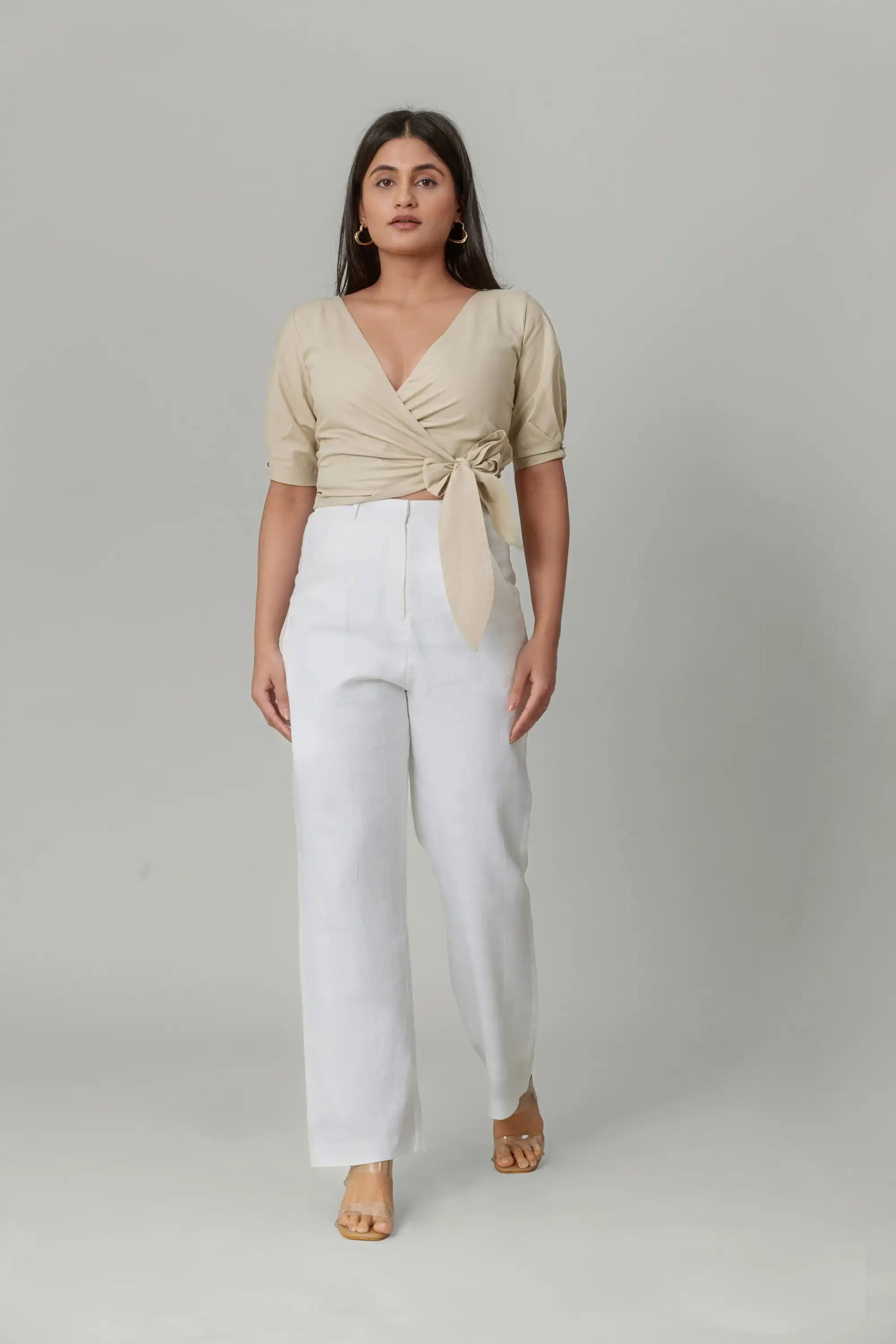 Beige Wrap Crop Top by THE MRCH MUSE