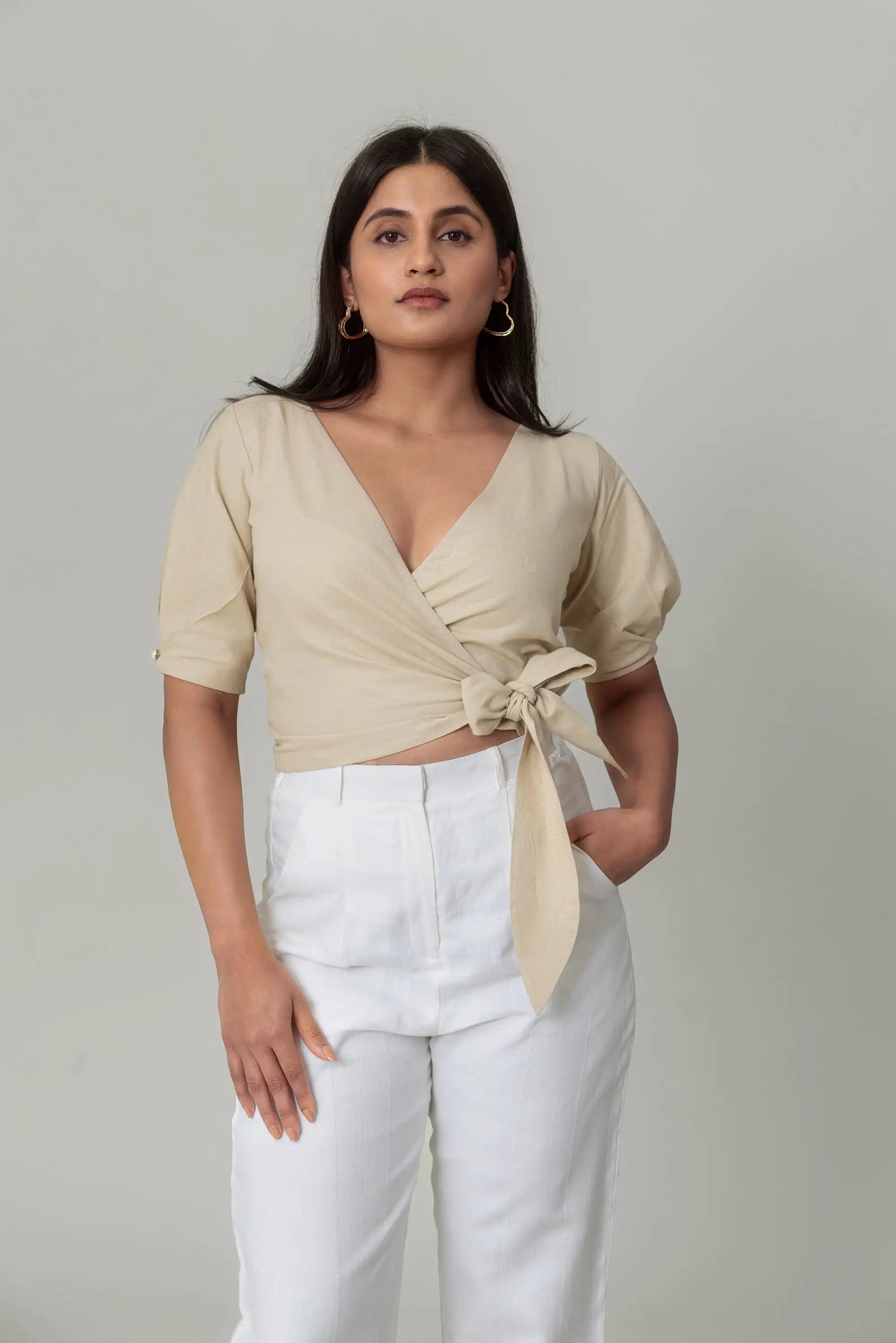 Beige Wrap Crop Top by THE MRCH MUSE