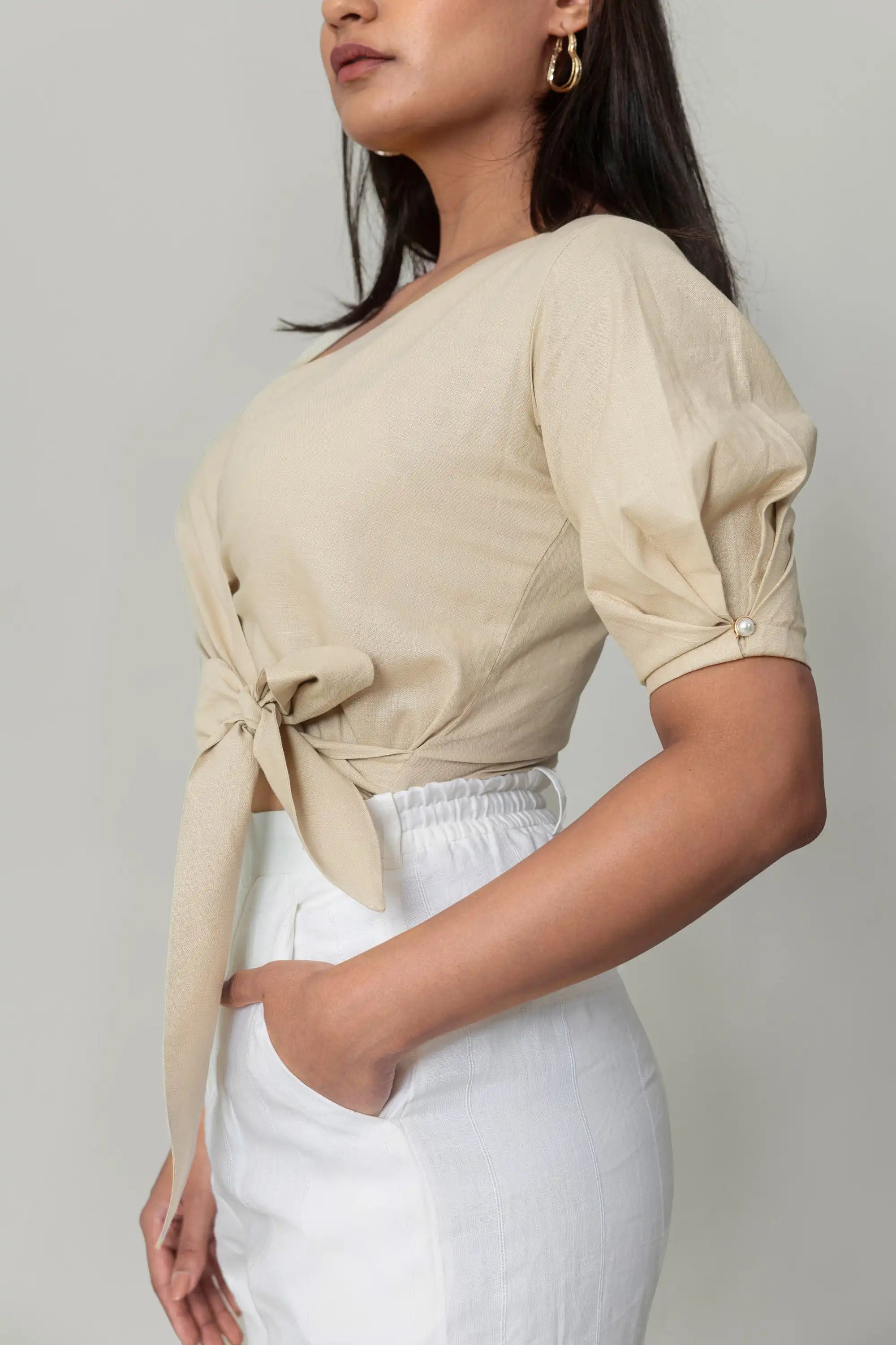 Beige Wrap Crop Top by THE MRCH MUSE
