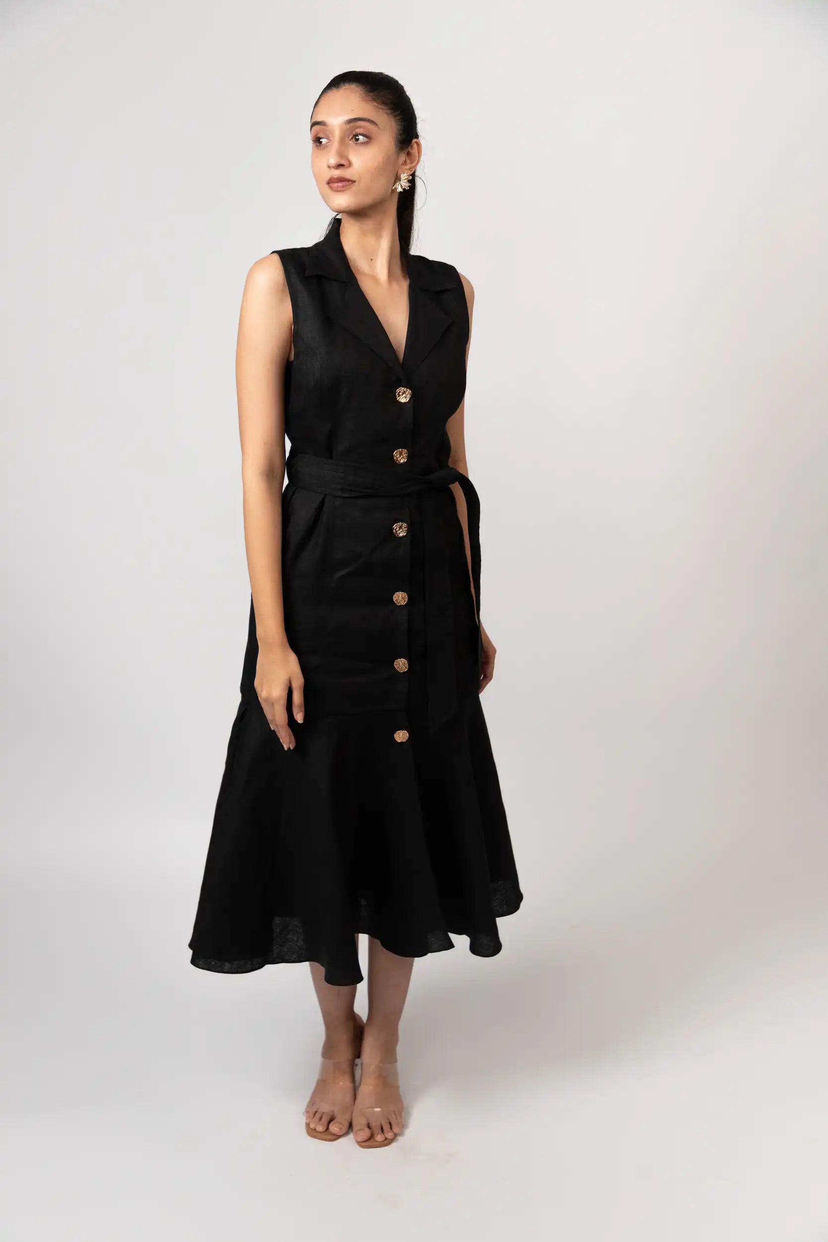 Black Linen Midi Dress by THE MRCH MUSE