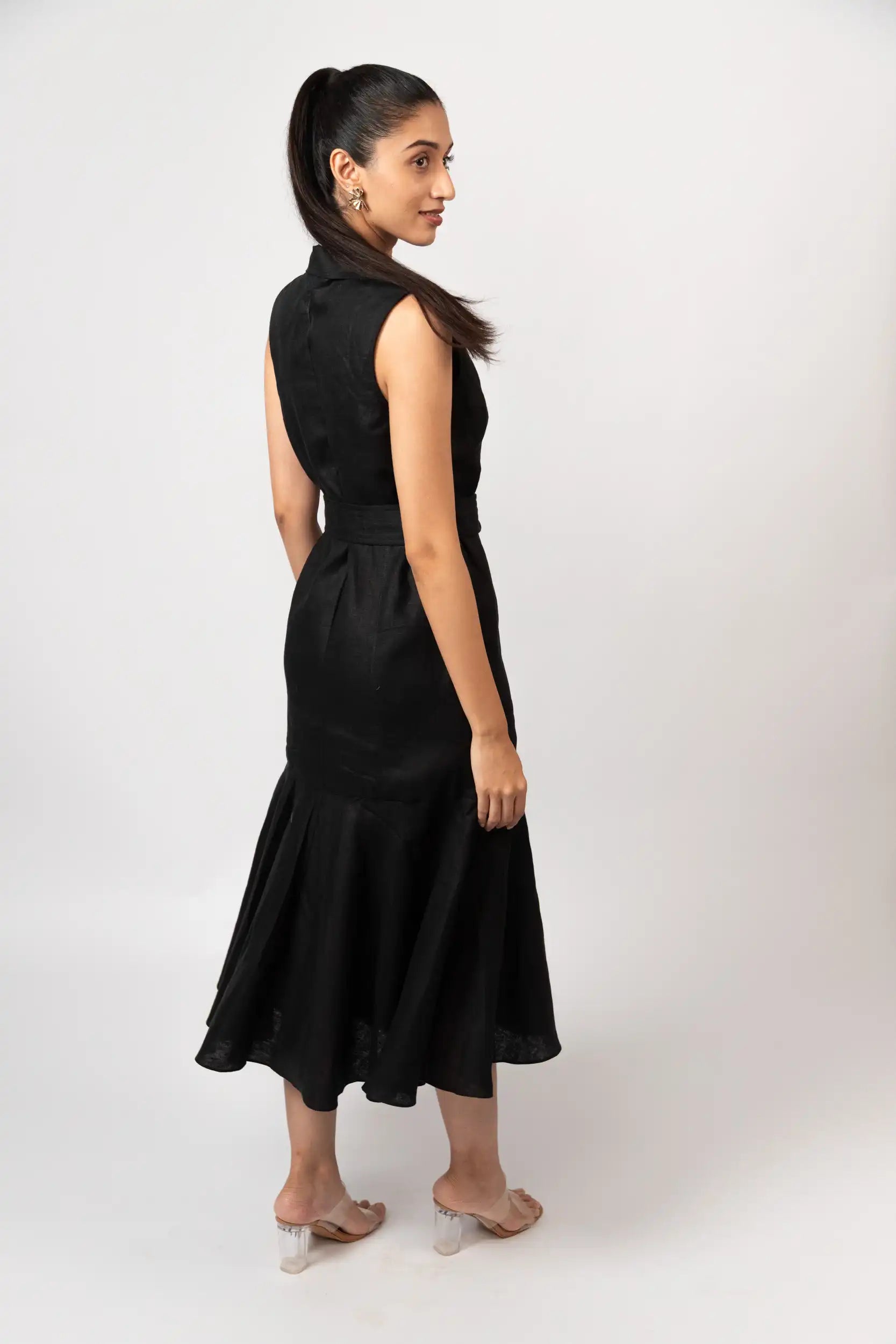 Black Linen Midi Dress by THE MRCH MUSE