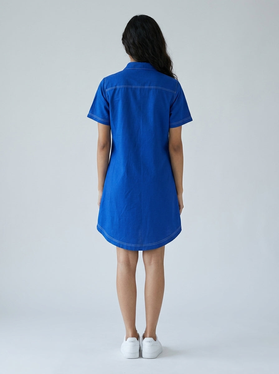 Cobalt Blue Beaded Scooter Cotton Shirt Dress by THE MRCH MUSE