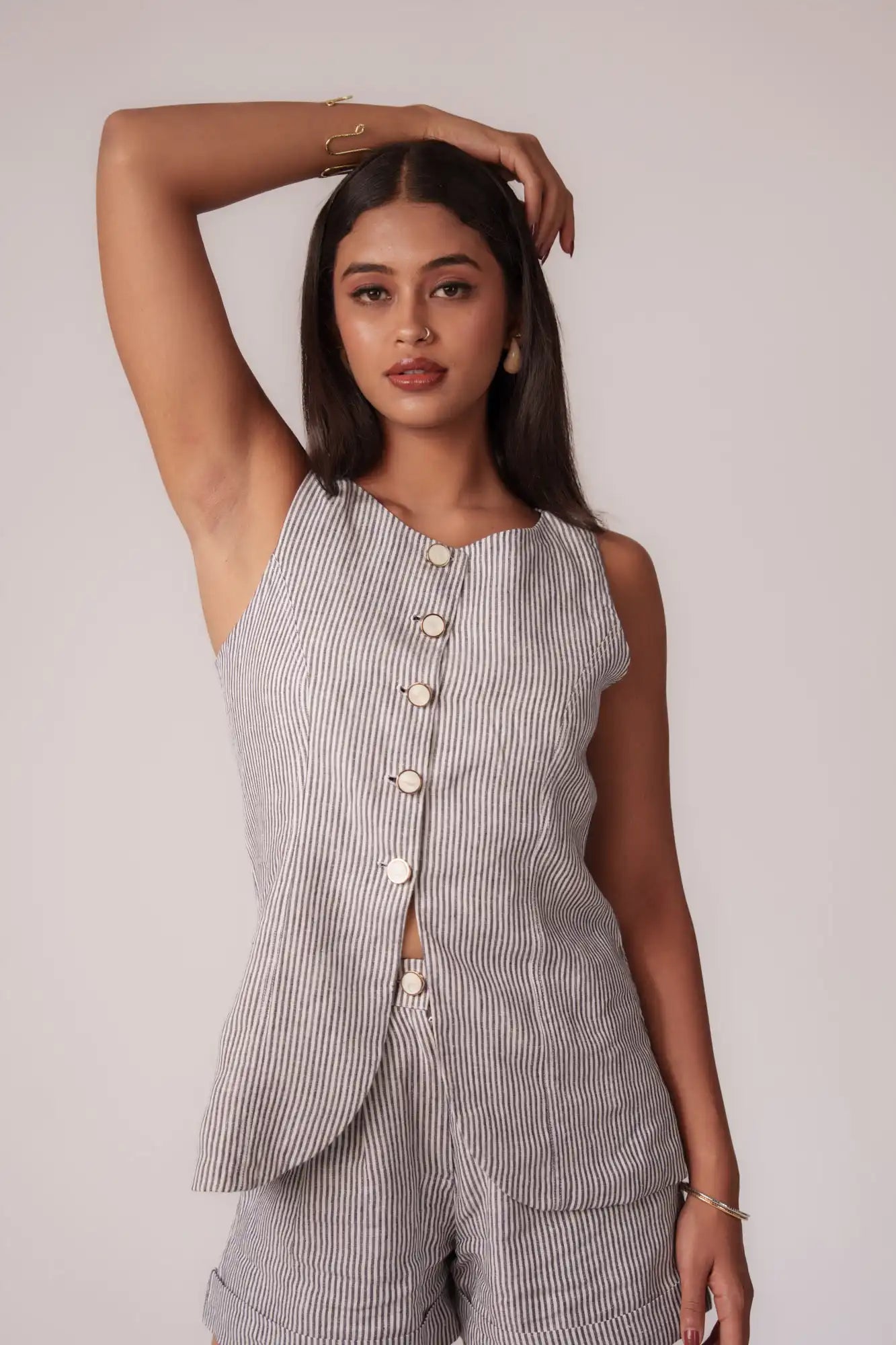 Dark Navy Blue Striped Long Vest by THE MRCH MUSE