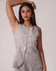 Dark Navy Blue Striped Long Vest by THE MRCH MUSE