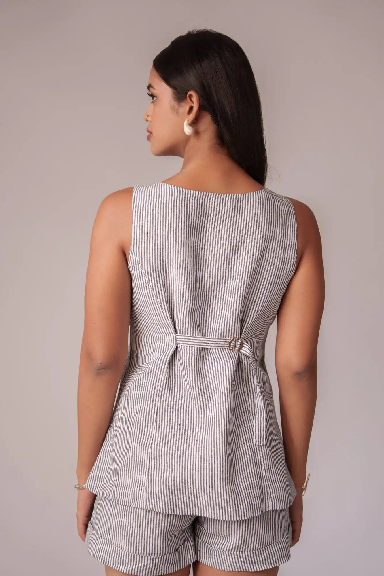 Dark Navy Blue Striped Long Vest by THE MRCH MUSE