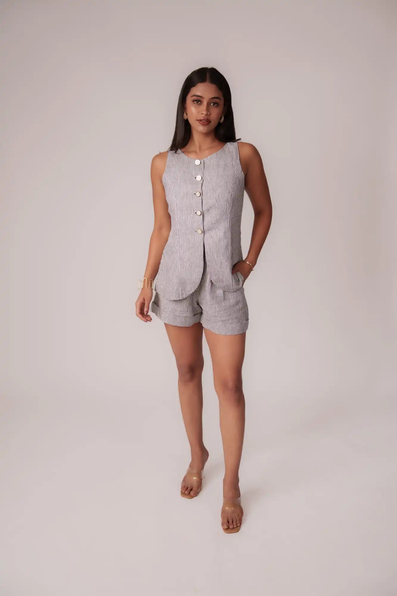 Dark Navy Blue Striped Shorts by THE MRCH MUSE