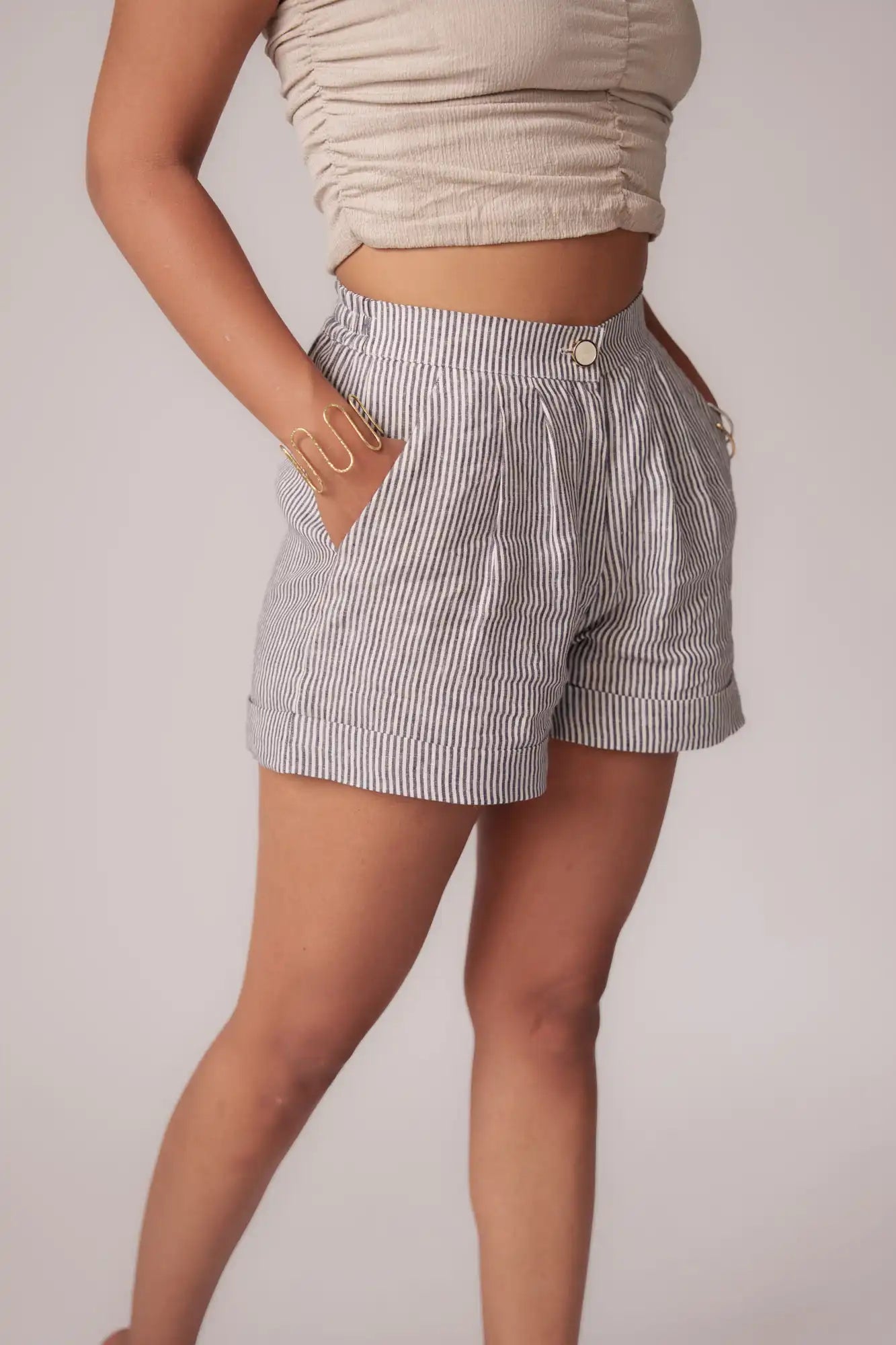 Dark Navy Blue Striped Shorts by THE MRCH MUSE
