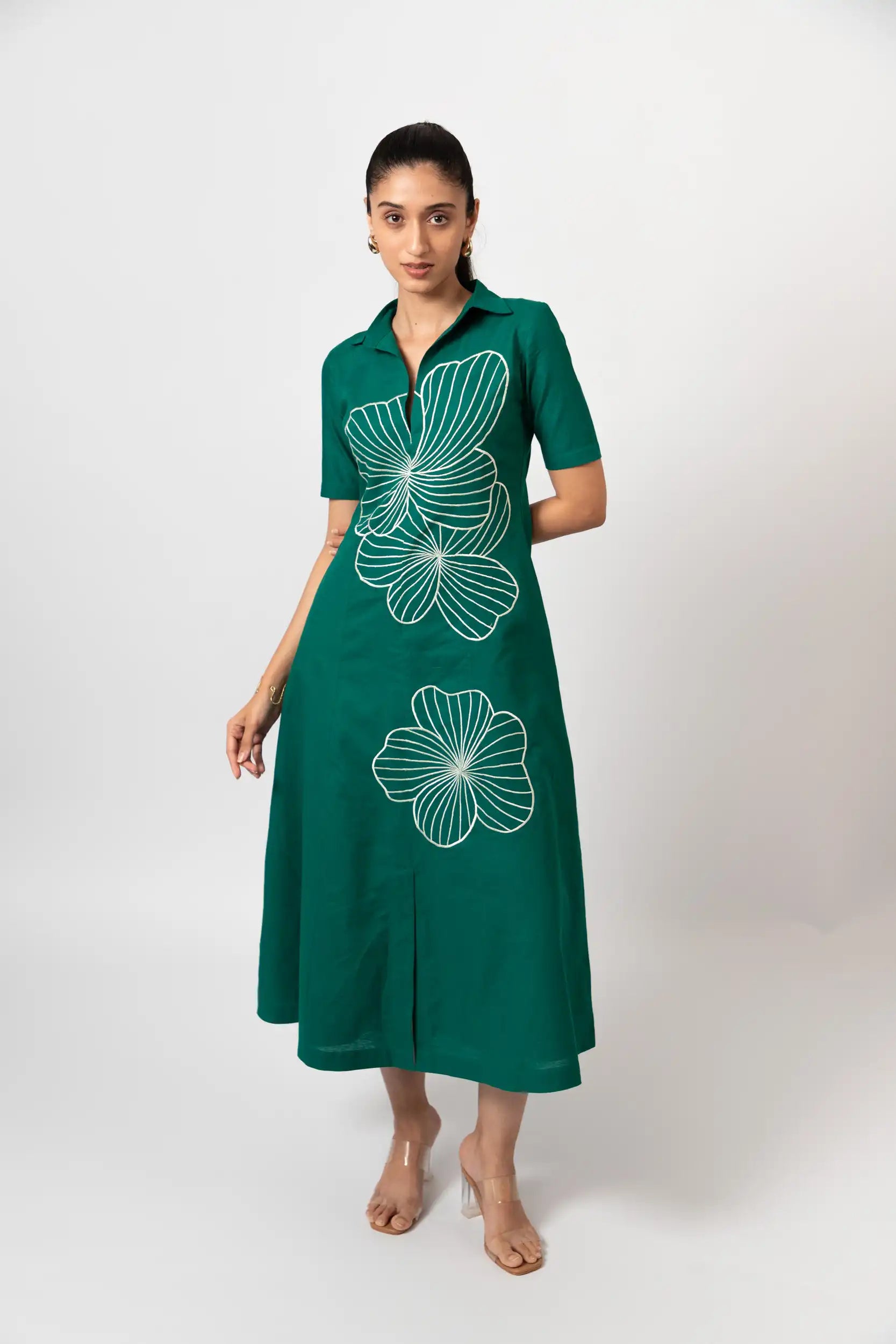 Emerald Bloom Embroidered Shirt Dress by THE MRCH MUSE