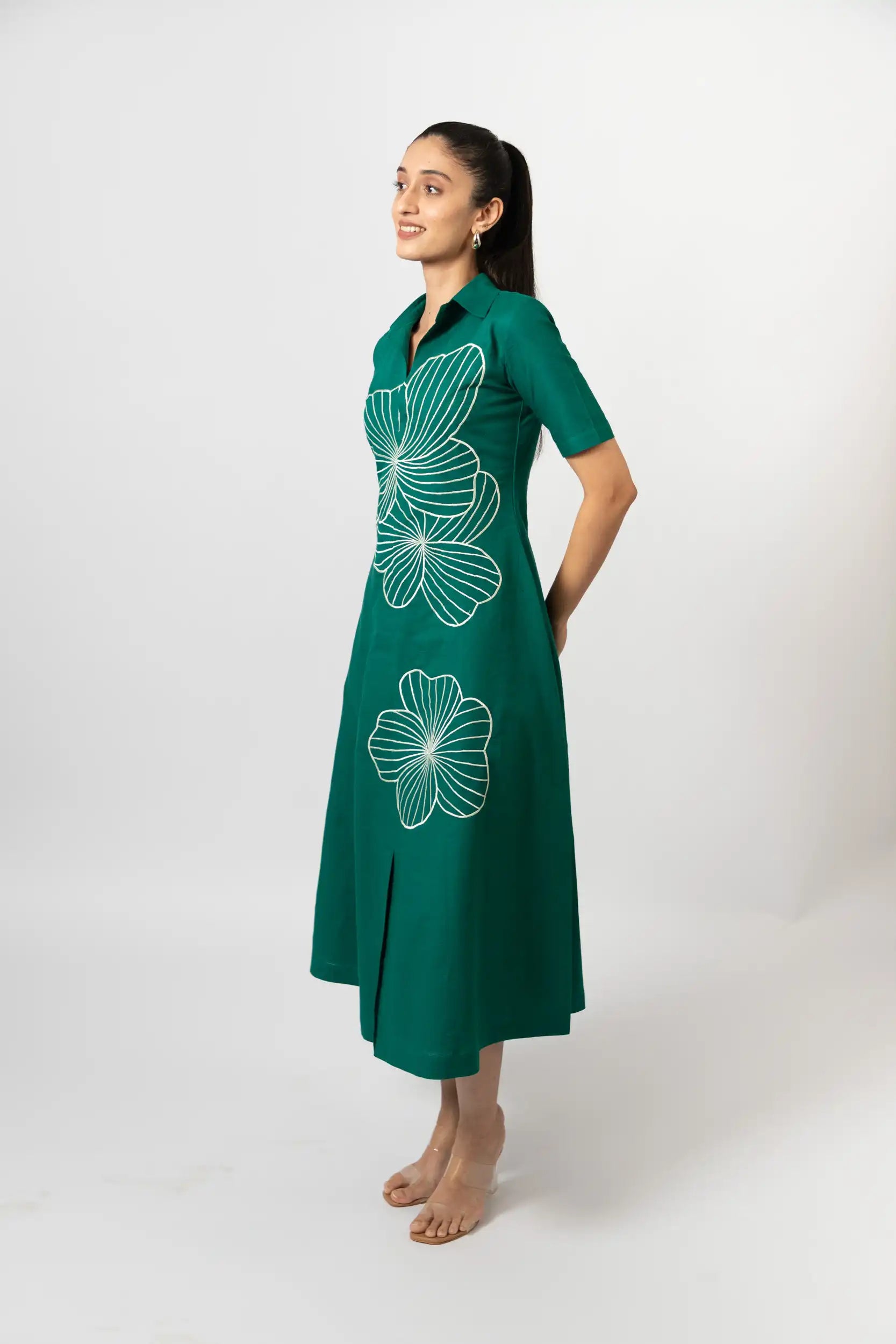 Emerald Bloom Embroidered Shirt Dress by THE MRCH MUSE