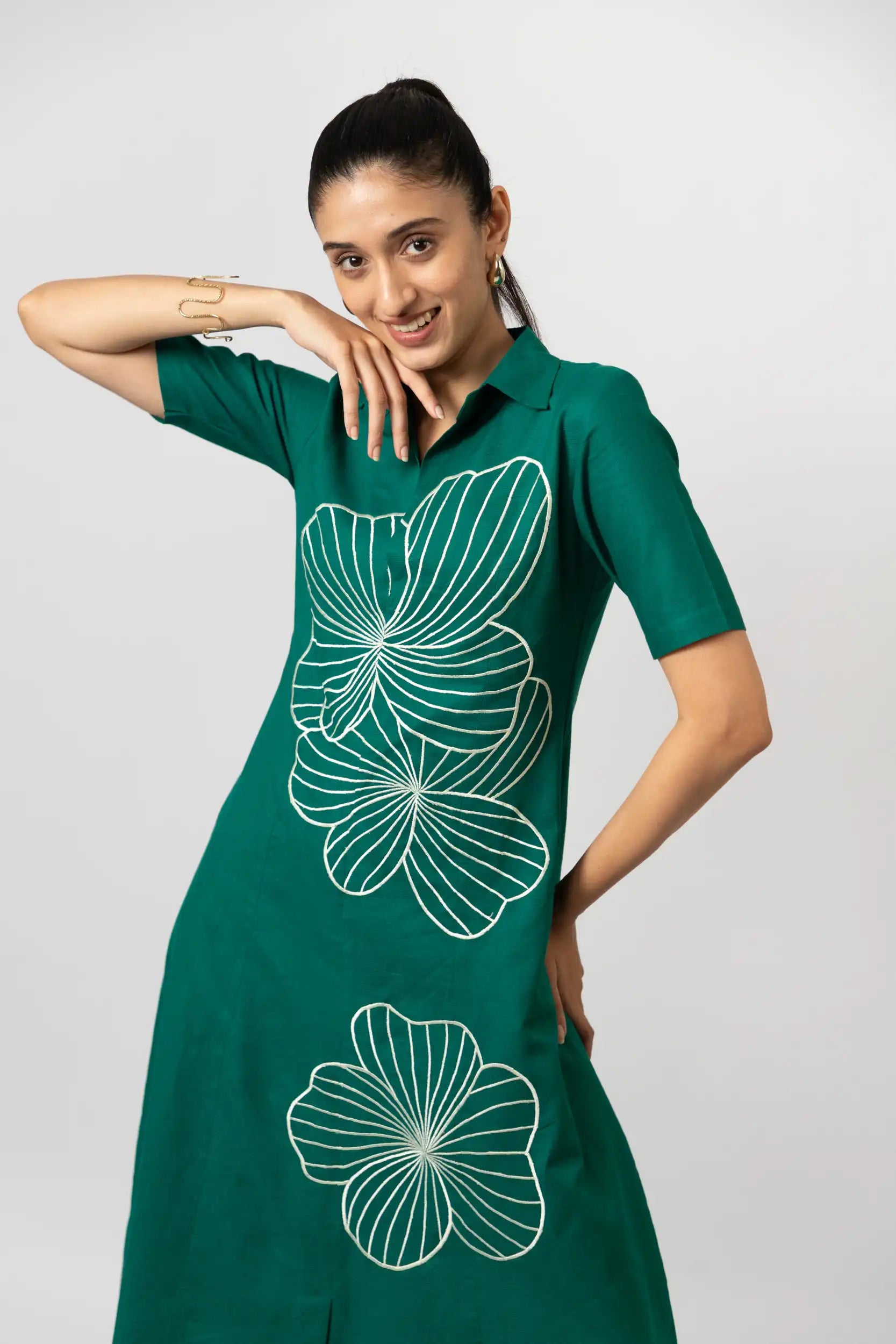 Emerald Bloom Embroidered Shirt Dress by THE MRCH MUSE