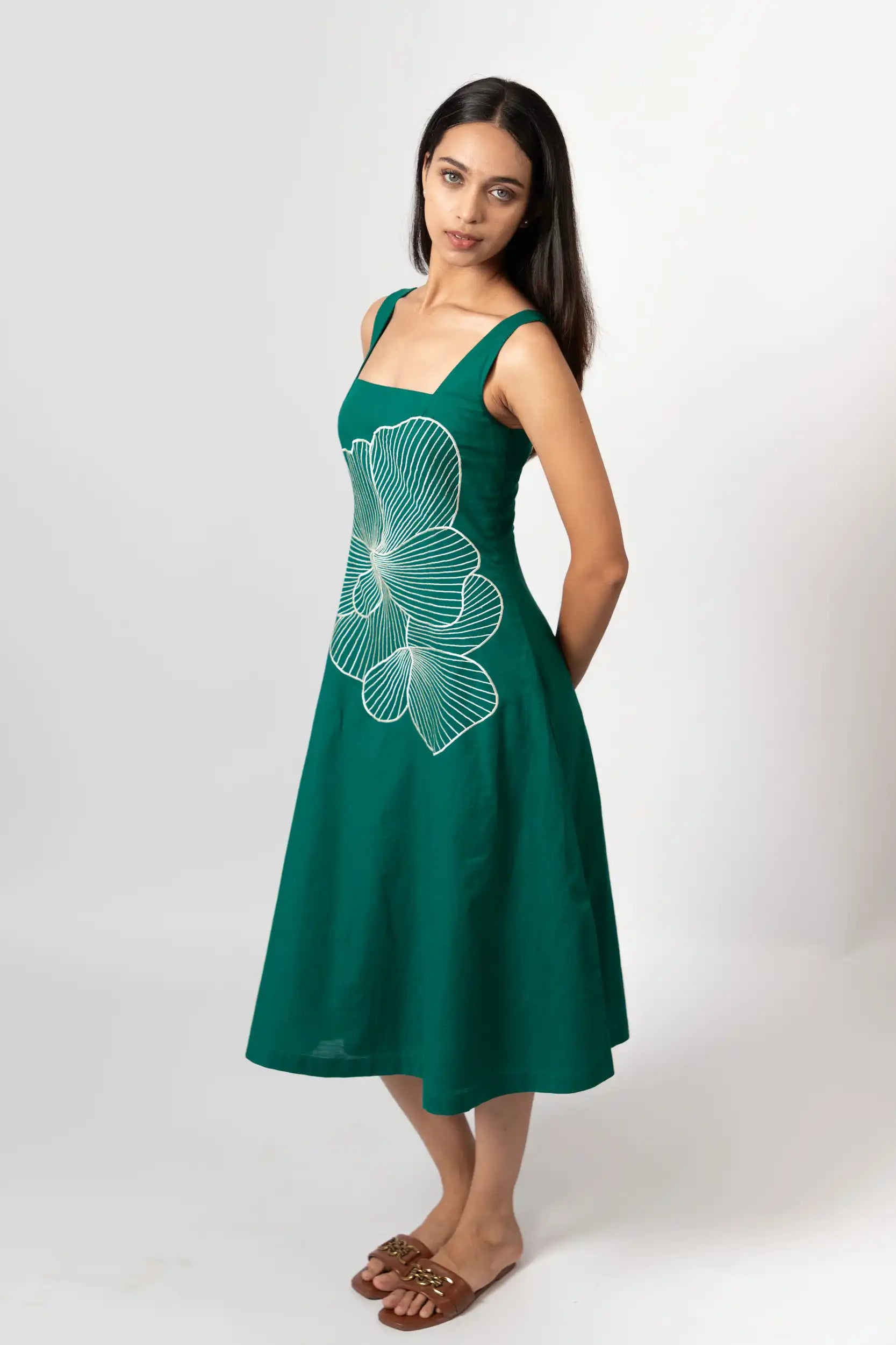 Emerald Bloom Embroidered Sleeveless Midi Dress by THE MRCH MUSE