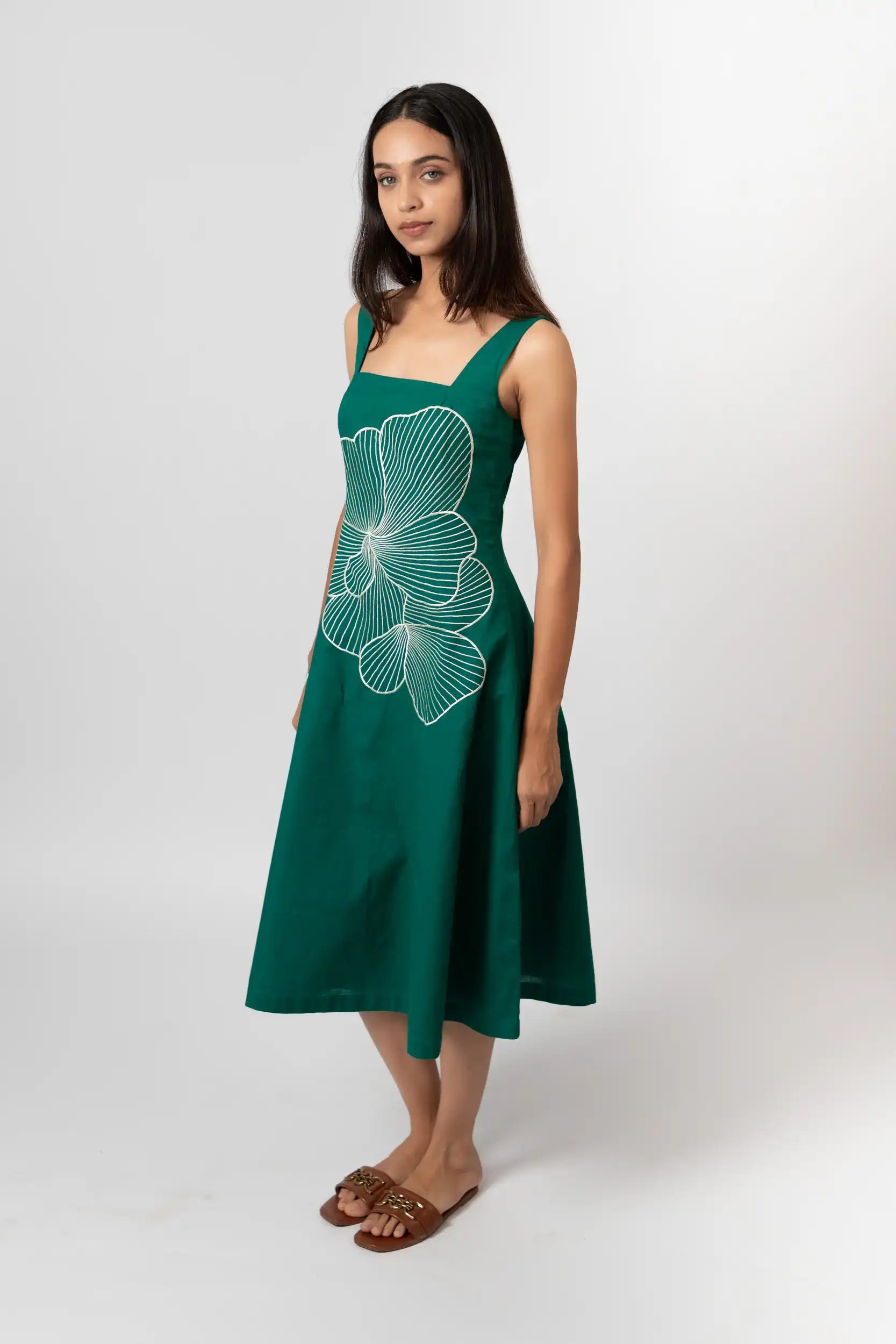 Emerald Bloom Embroidered Sleeveless Midi Dress by THE MRCH MUSE
