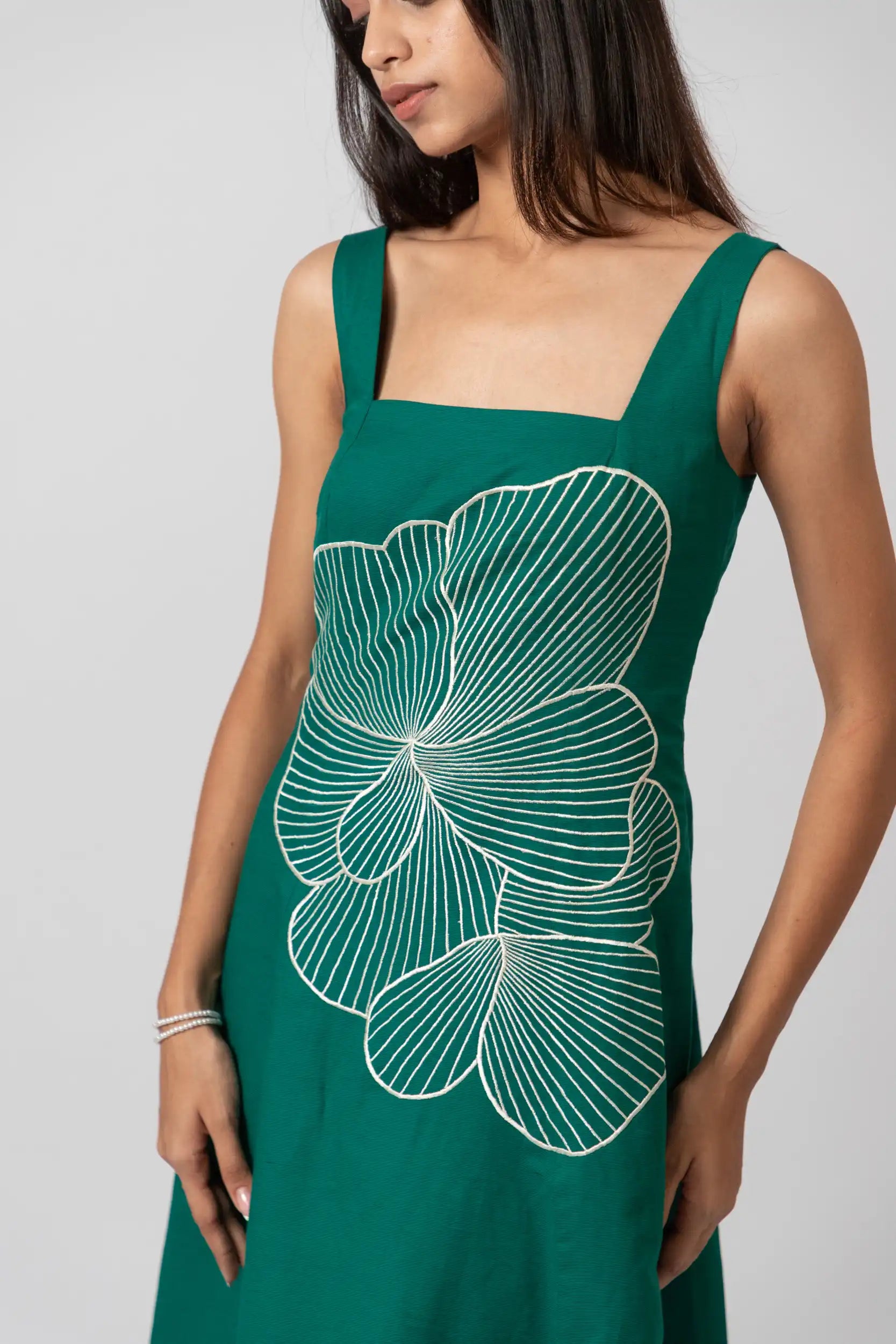 Emerald Bloom Embroidered Sleeveless Midi Dress by THE MRCH MUSE