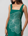 Emerald Bloom Embroidered Sleeveless Midi Dress by THE MRCH MUSE