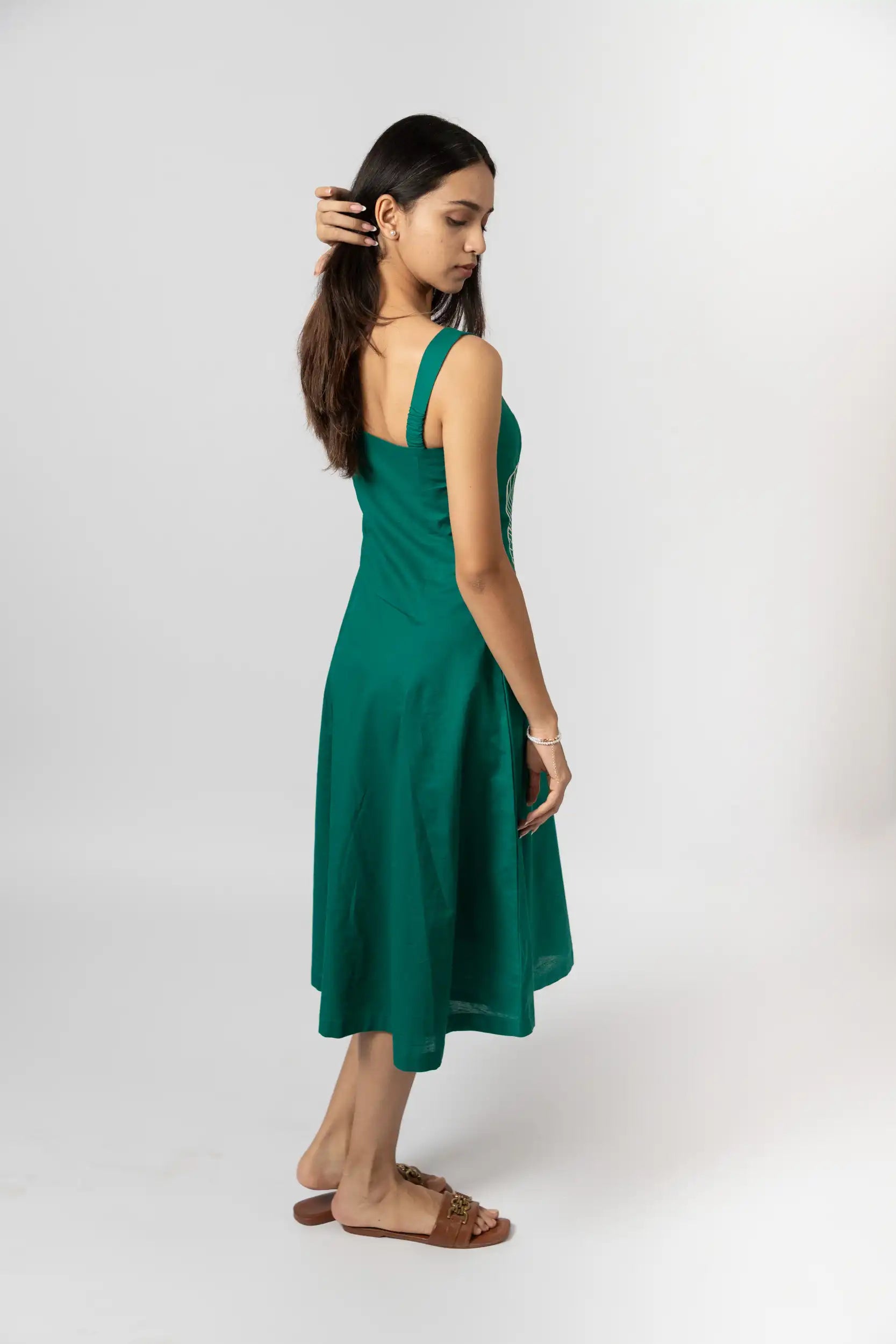 Emerald Bloom Embroidered Sleeveless Midi Dress by THE MRCH MUSE