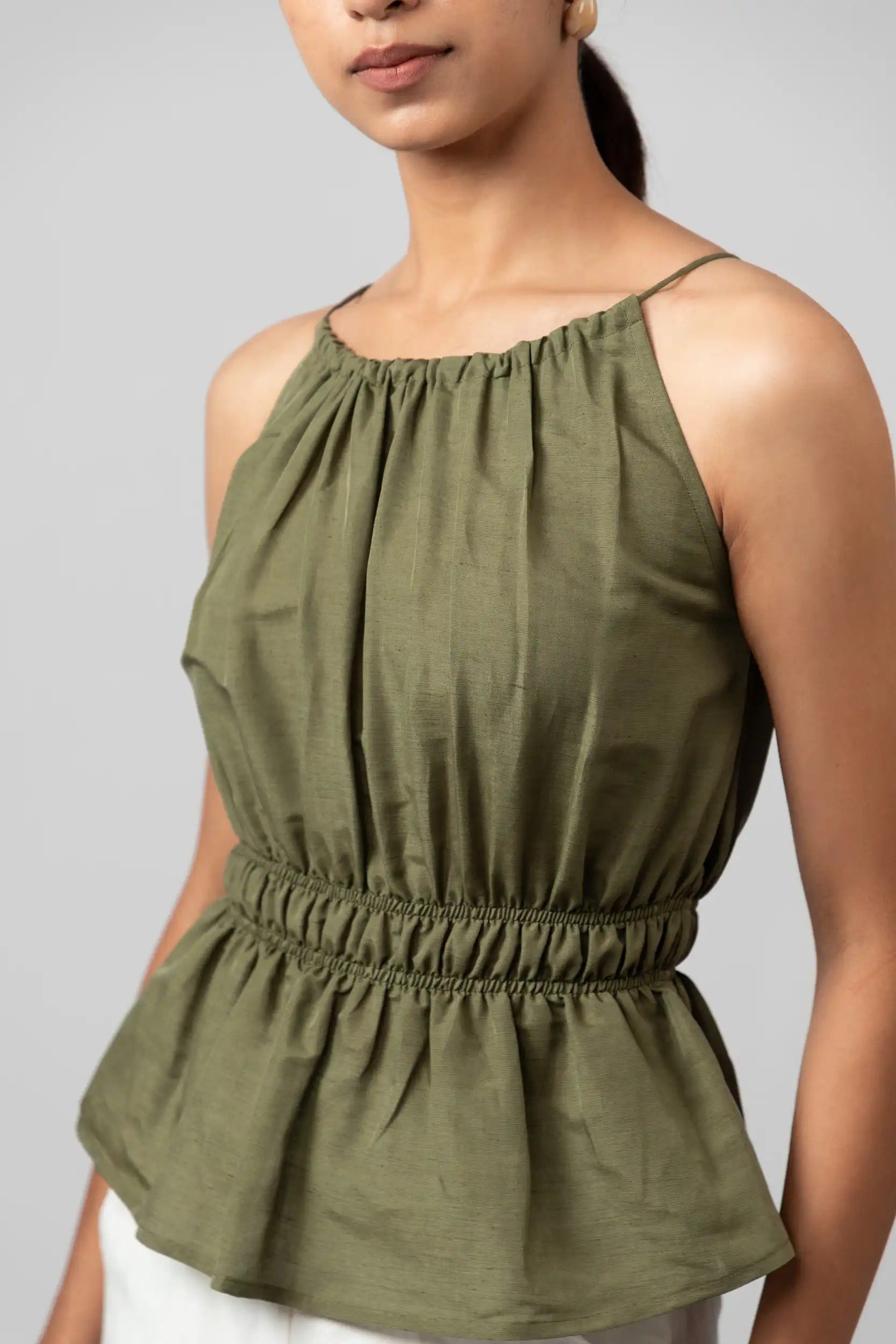 Gathered Halter Pink Peplum Top by THE MRCH MUSE