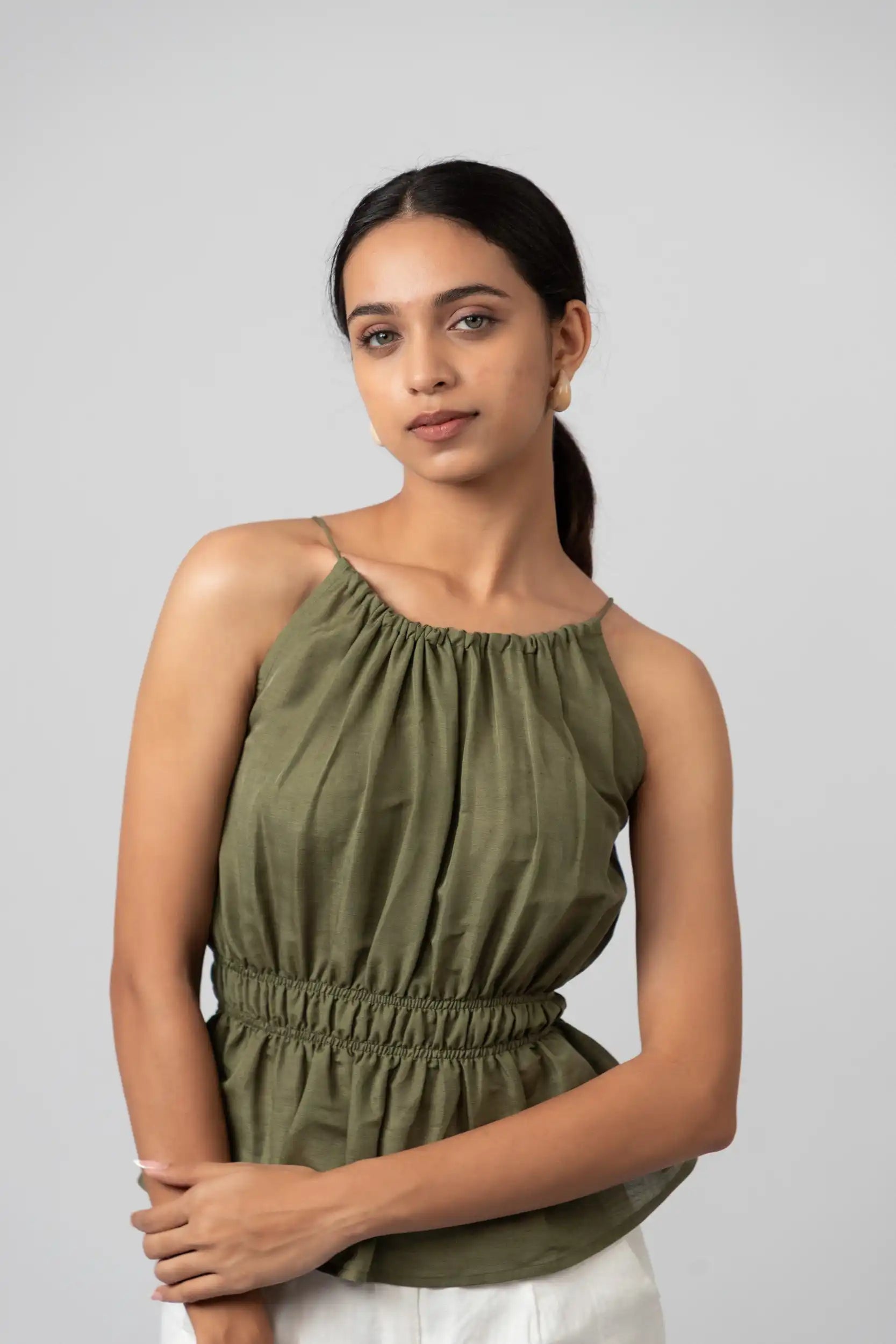 Gathered Halter Pink Peplum Top by THE MRCH MUSE