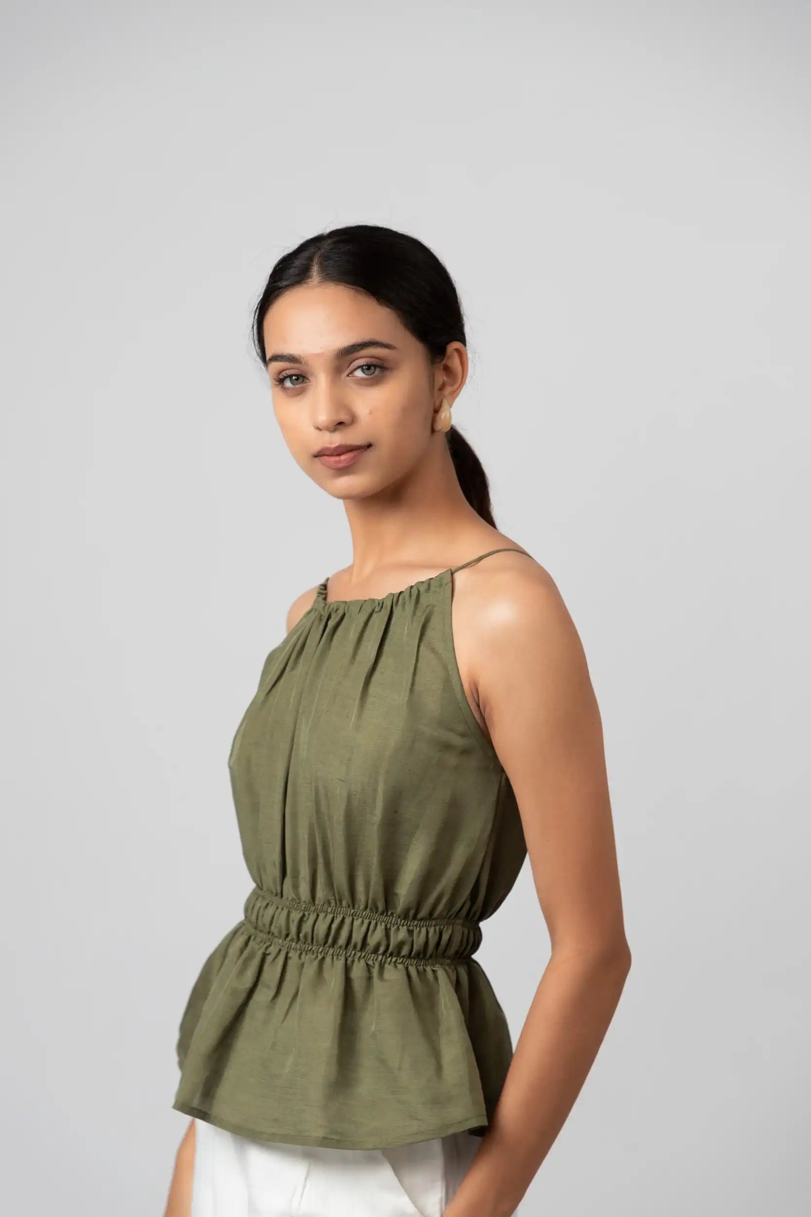Gathered Halter Pink Peplum Top by THE MRCH MUSE