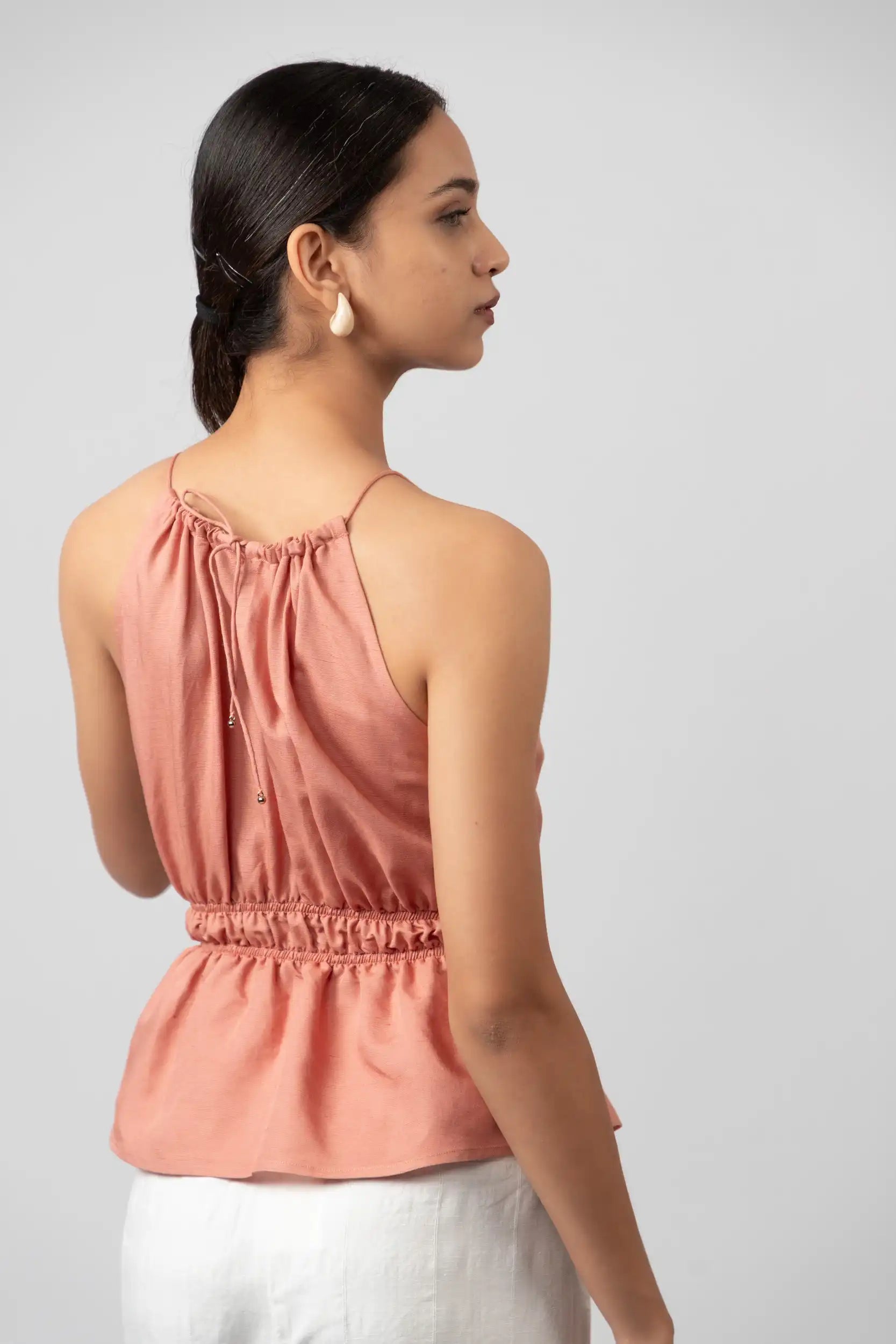 Gathered Halter Pink Peplum Top by THE MRCH MUSE