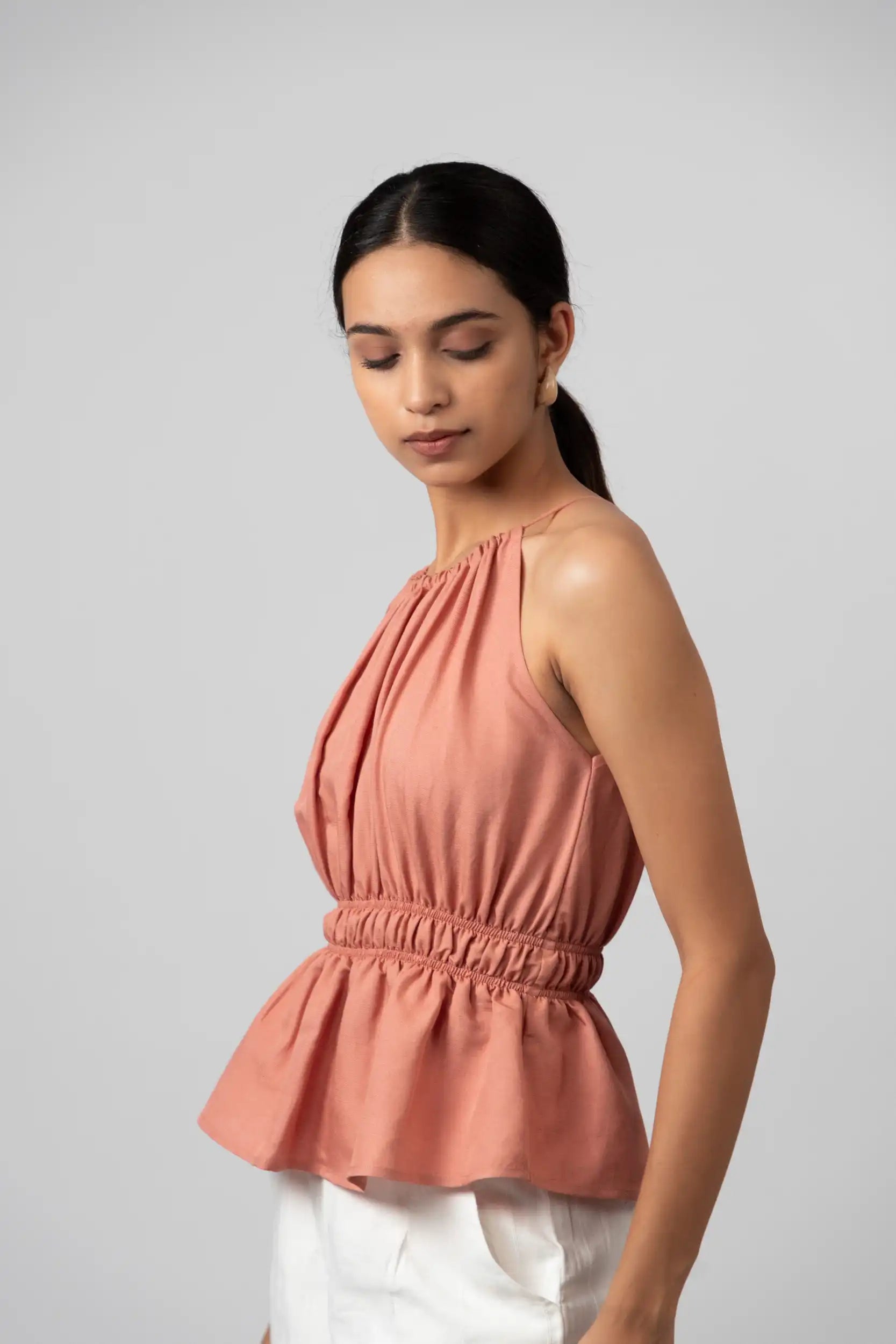 Gathered Halter Pink Peplum Top by THE MRCH MUSE