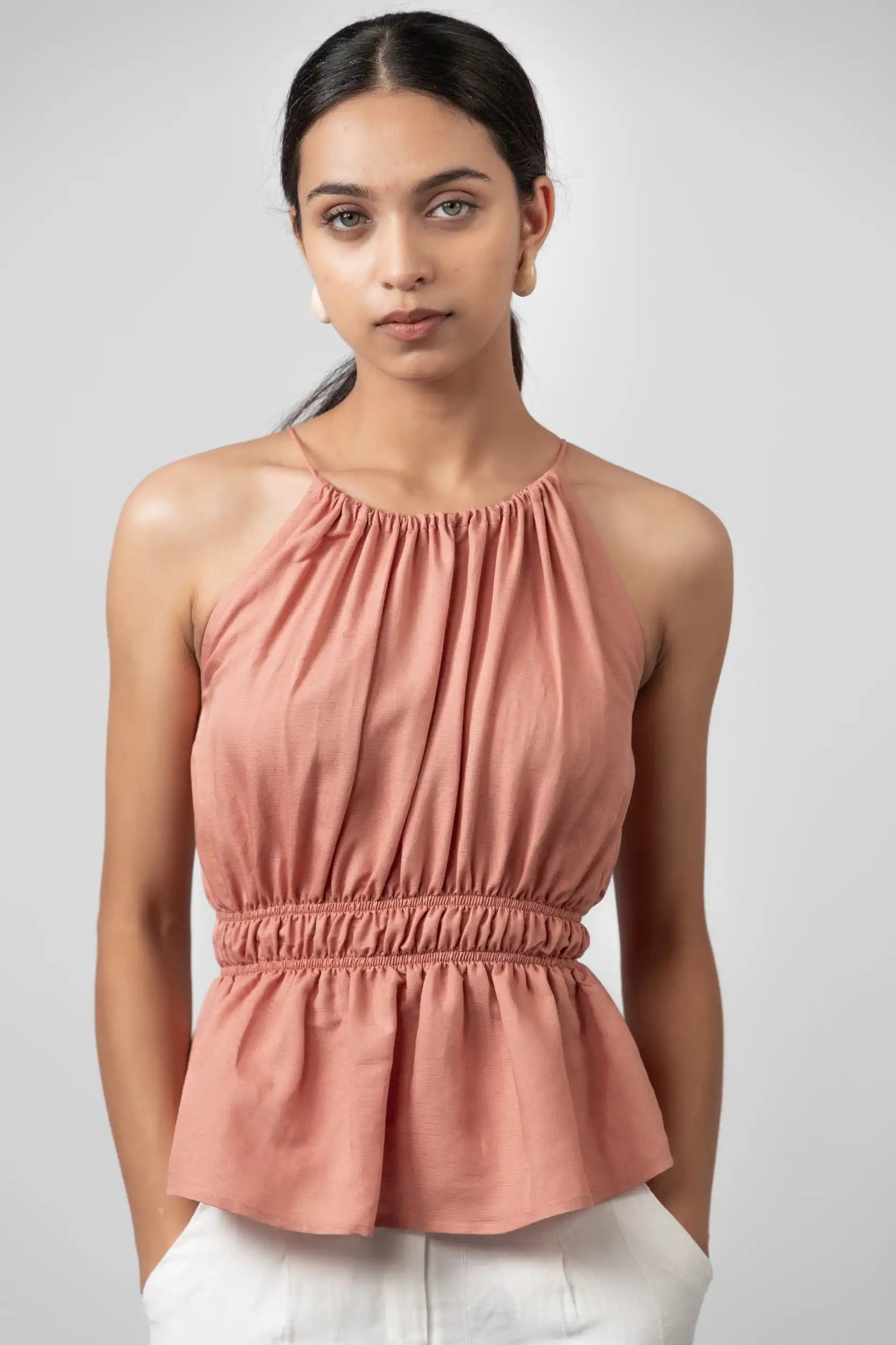 Gathered Halter Pink Peplum Top by THE MRCH MUSE