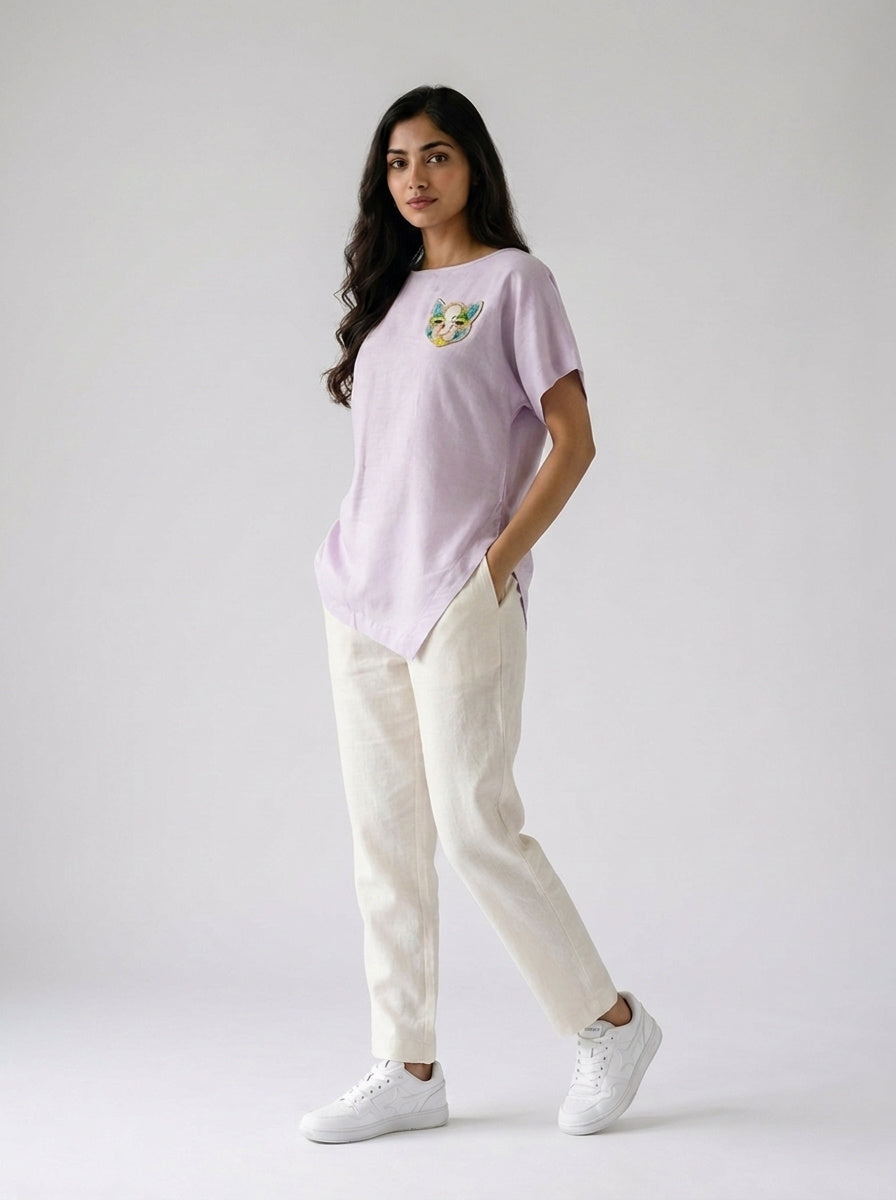Lilac Hand-Beaded Cat Linen Top by THE MRCH MUSE