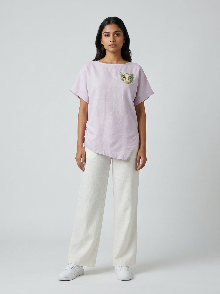 Lilac Hand-Beaded Cat Linen Top by THE MRCH MUSE