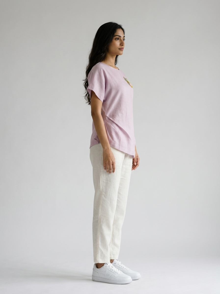 Lilac Hand-Beaded Cat Linen Top by THE MRCH MUSE