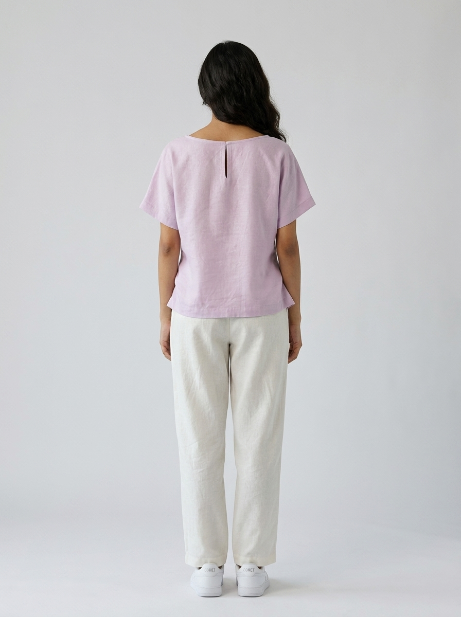 Lilac Hand-Beaded Cat Linen Top by THE MRCH MUSE