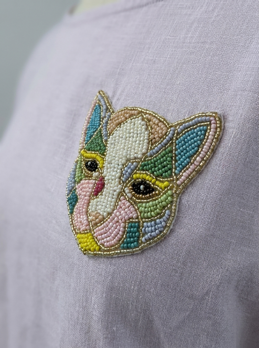 Lilac Hand-Beaded Cat Linen Top by THE MRCH MUSE