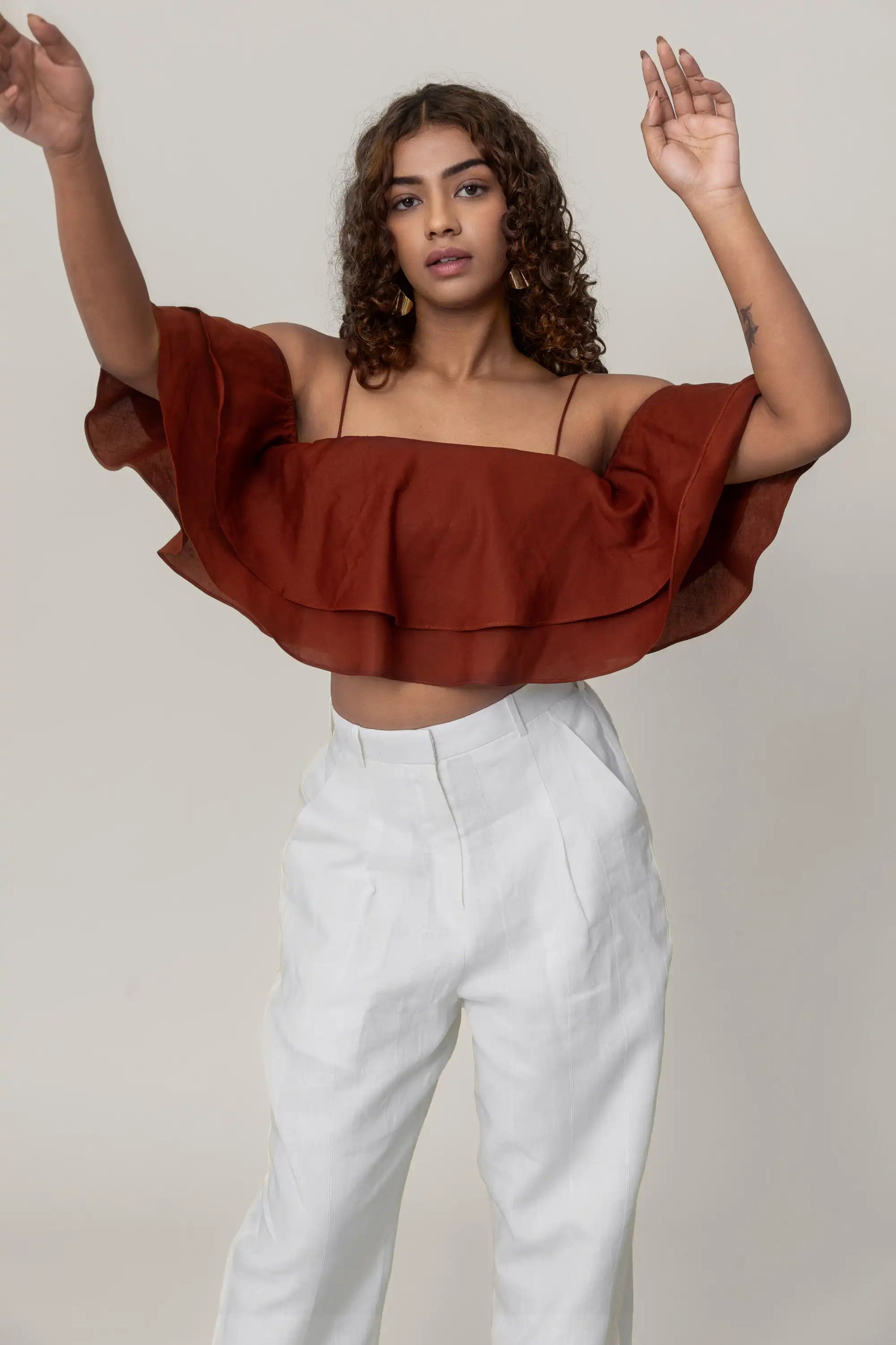 Maroon Ruffled Crop Top by THE MRCH MUSE