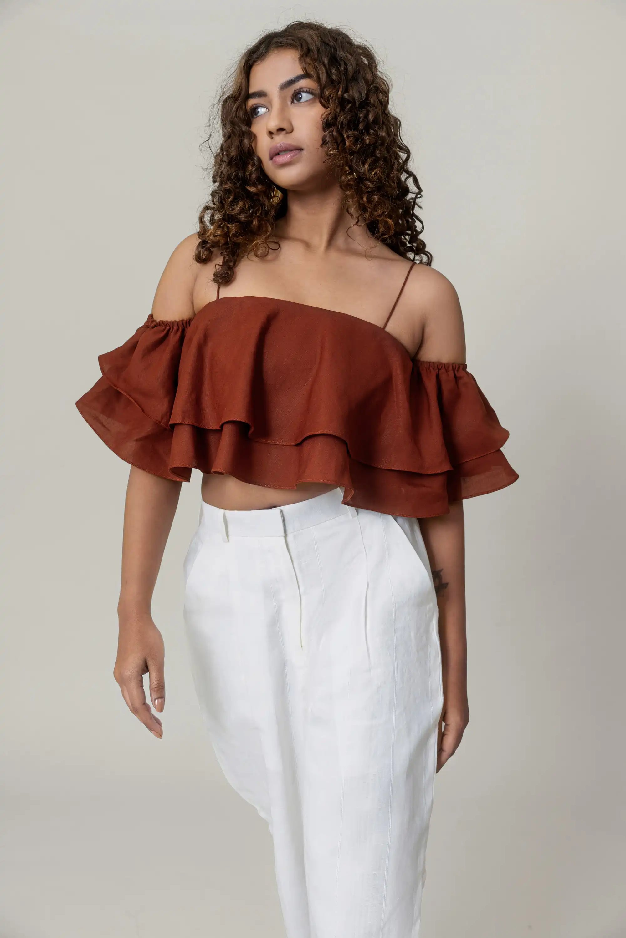 Maroon Ruffled Crop Top by THE MRCH MUSE