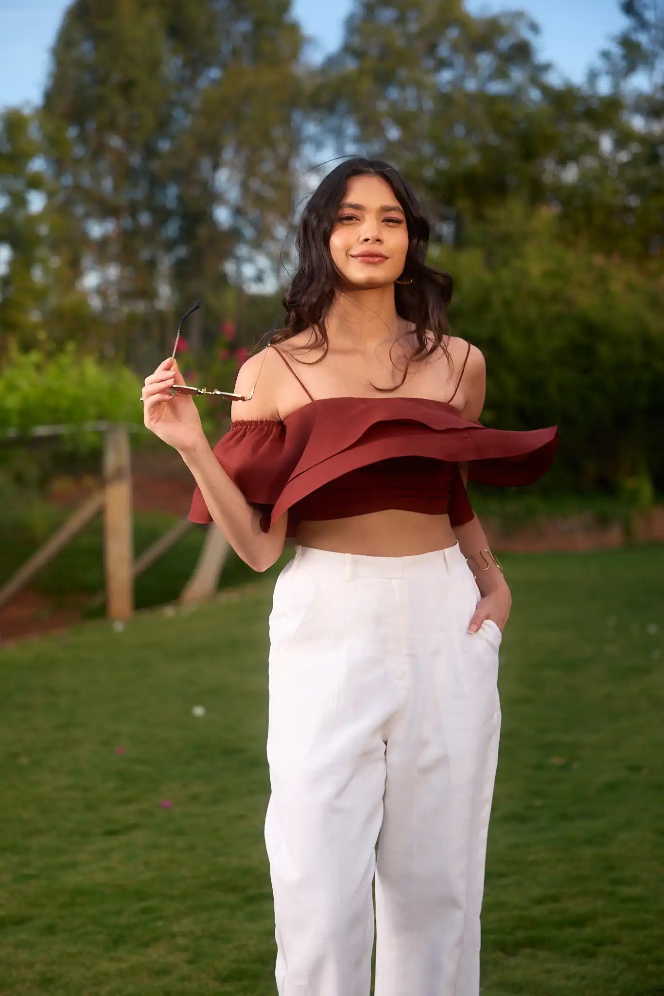 Maroon Ruffled Crop Top by THE MRCH MUSE