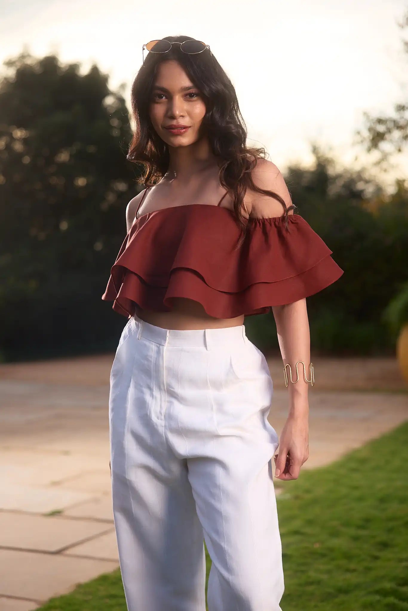 Maroon Ruffled Crop Top by THE MRCH MUSE