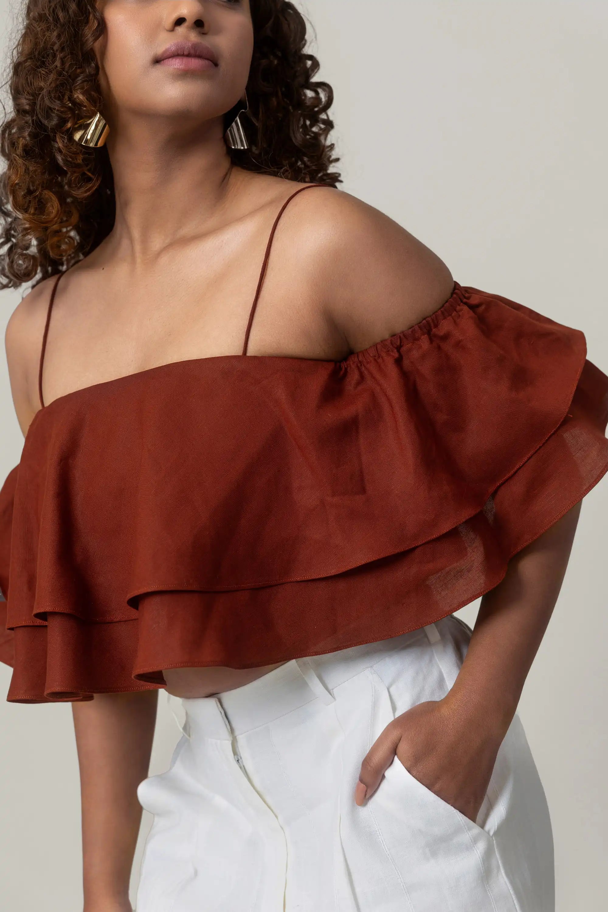 Maroon Ruffled Crop Top by THE MRCH MUSE