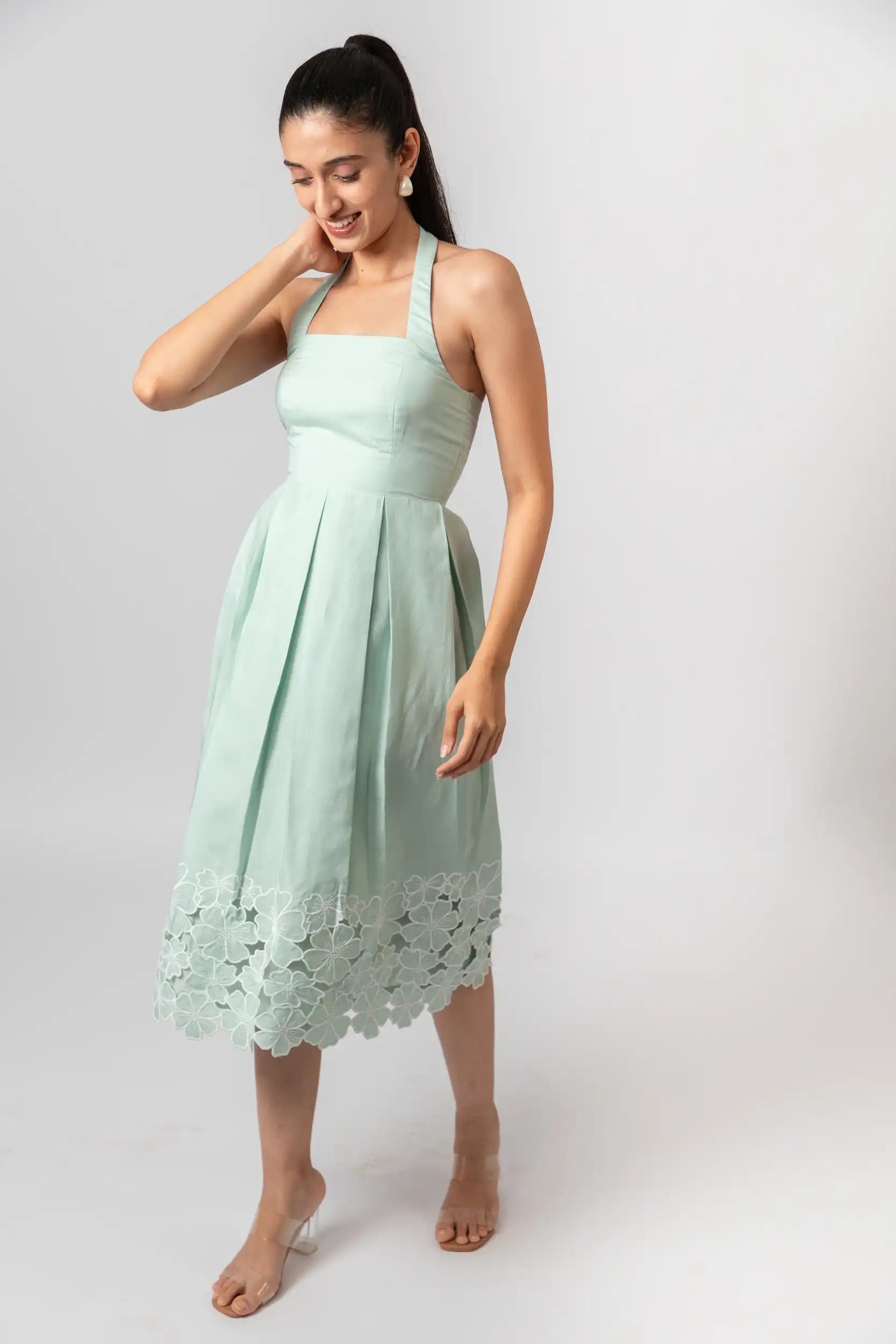 Mint Green Embroidered Halter Midi Dress by THE MRCH MUSE