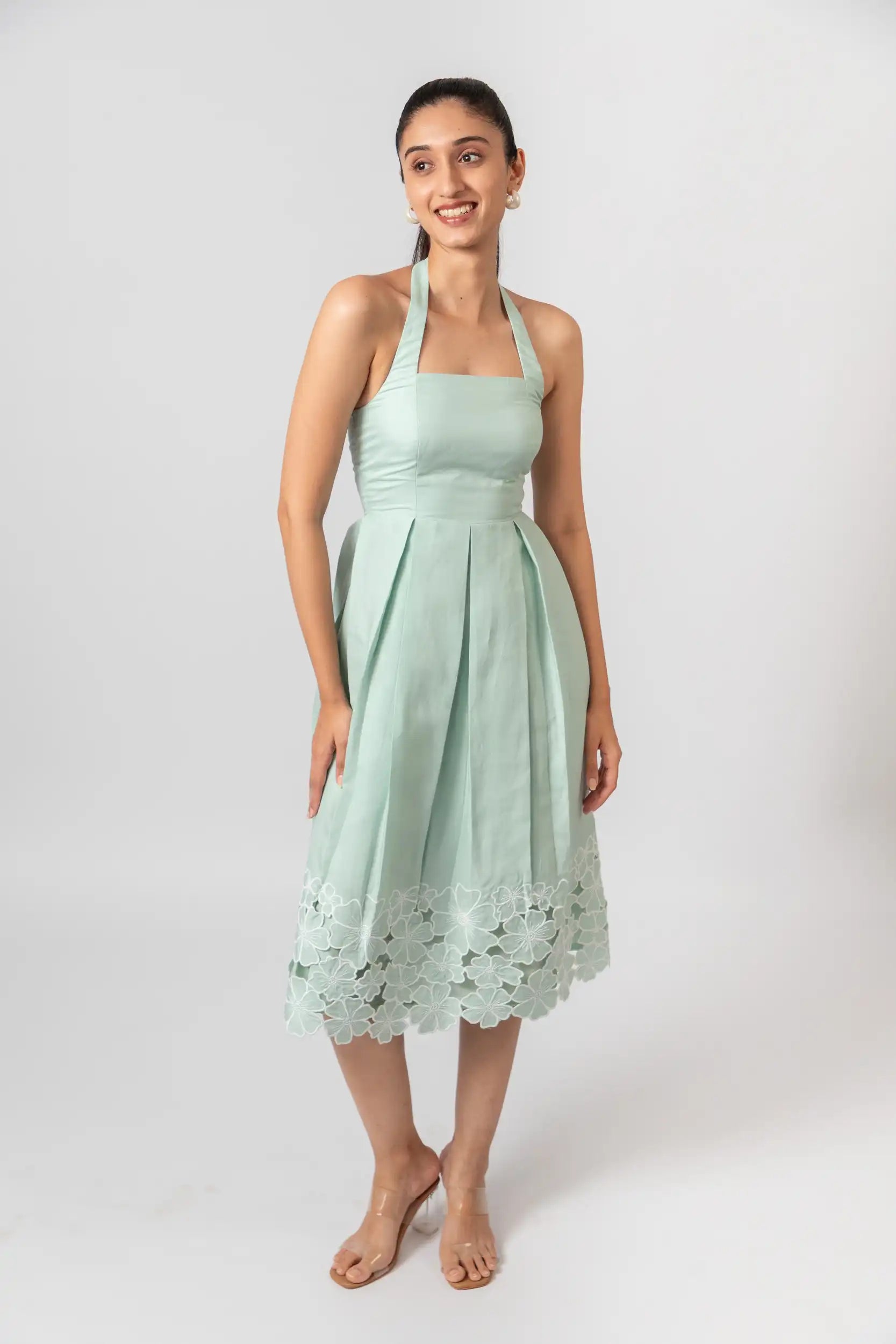 Mint Green Embroidered Halter Midi Dress by THE MRCH MUSE