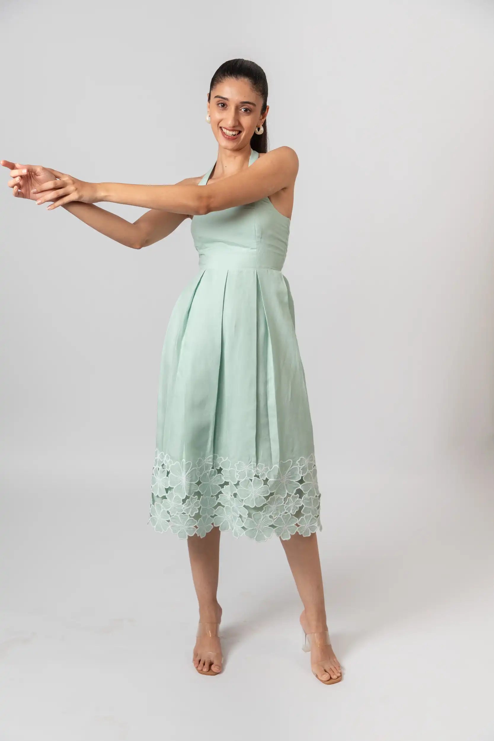Mint Green Embroidered Halter Midi Dress by THE MRCH MUSE