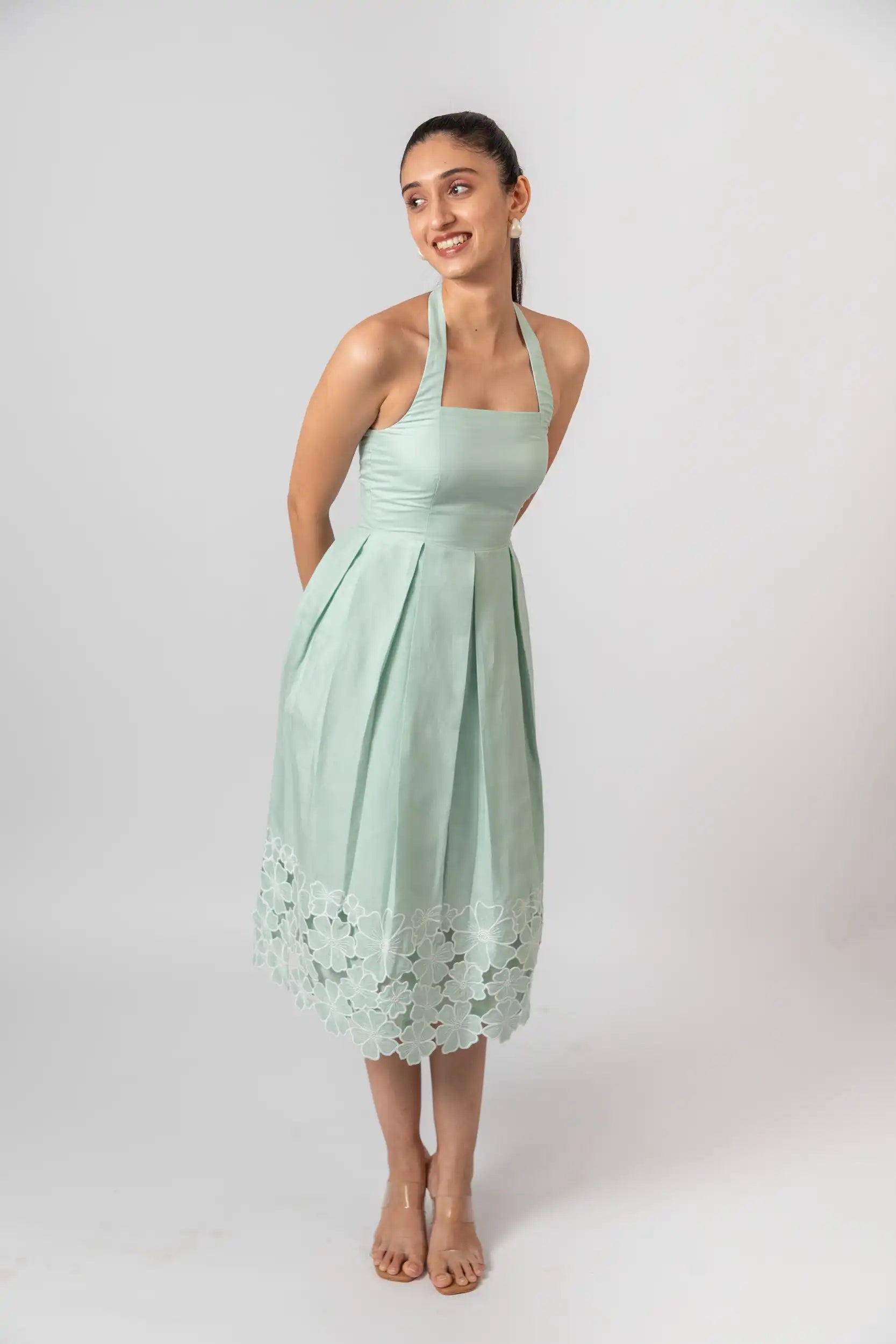 Mint Green Embroidered Halter Midi Dress by THE MRCH MUSE