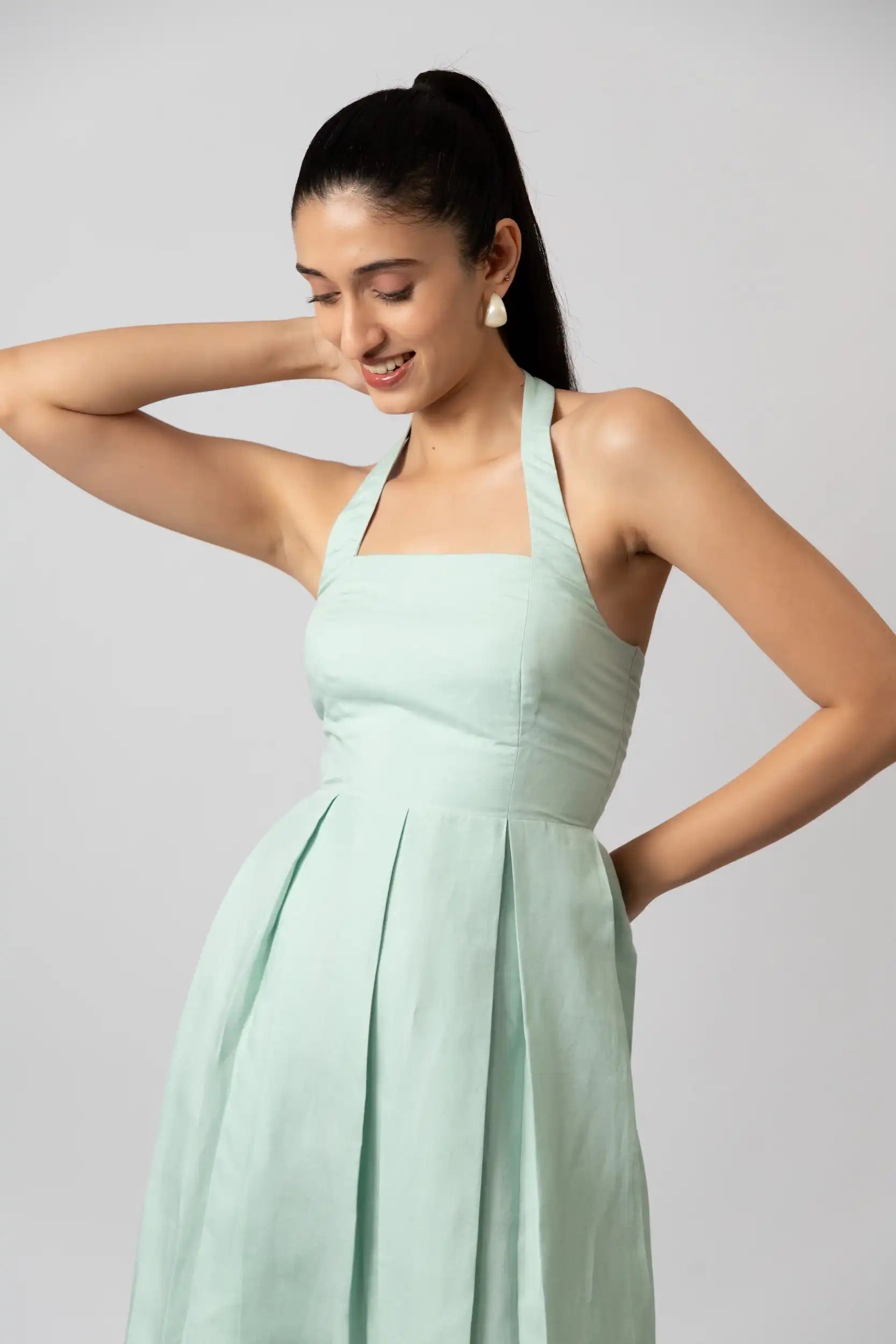 Mint Green Embroidered Halter Midi Dress by THE MRCH MUSE