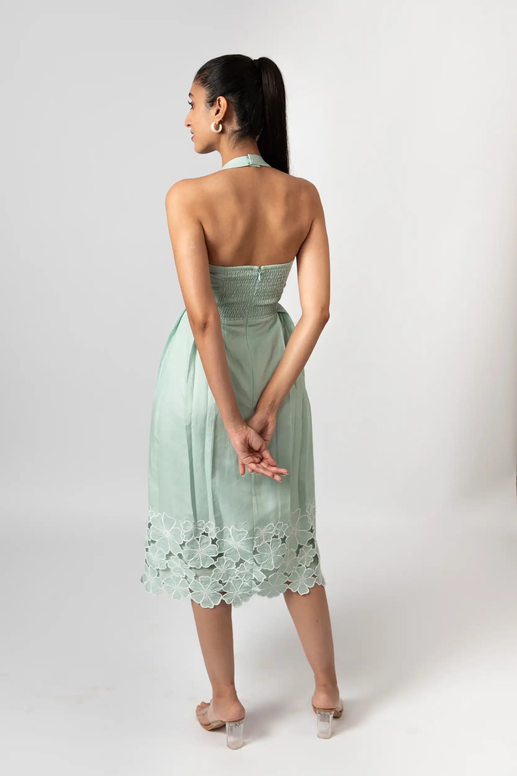 Mint Green Embroidered Halter Midi Dress by THE MRCH MUSE