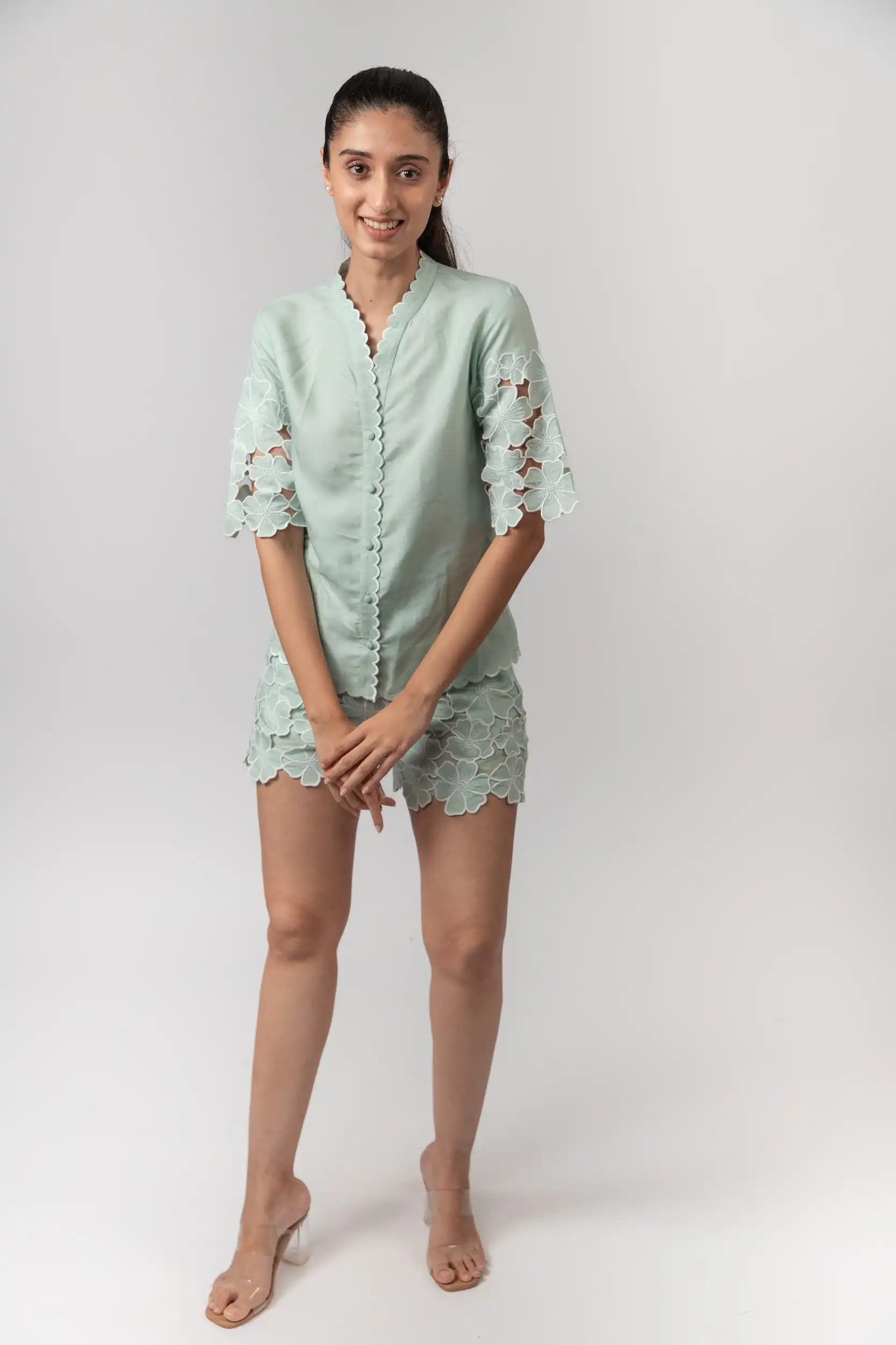 Mint Green Embroidered Shirt by THE MRCH MUSE